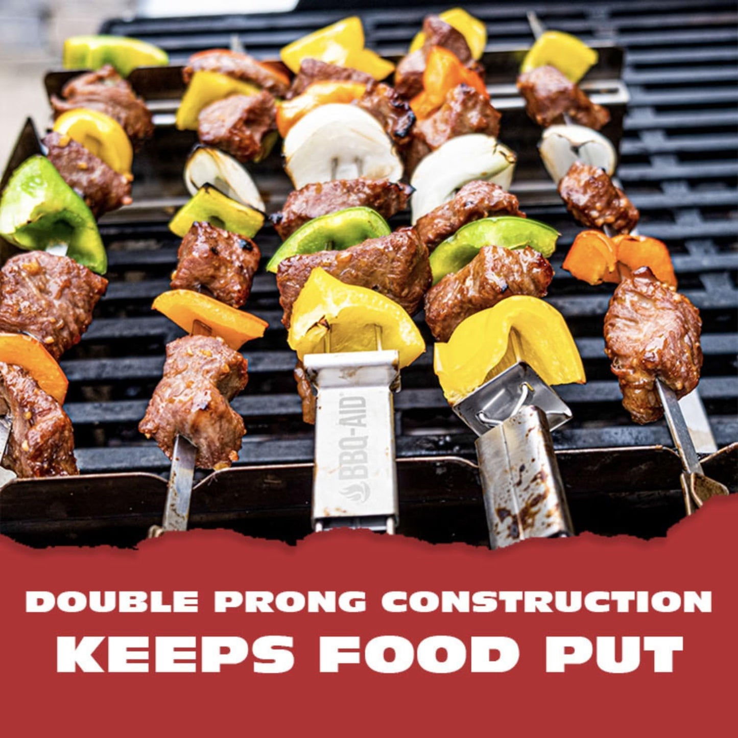 BBQ-AID Premium Barbecue Double Pronged Stainless Steel Skewers for Grilling - Quick Release Kebab Sticks for Veggies & More