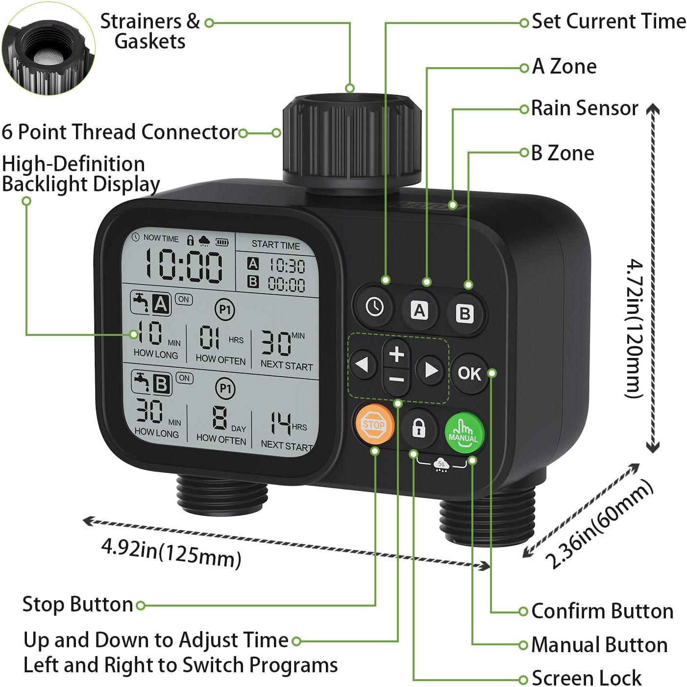 Sprinkler Timer 2 Outlets, Programmable Water Hose Timer with Rain Delay/Manual/Automatic Watering System, Outdoor Digital Automatic Irrigation for Garden Yard Lawn with Large Display(Black)