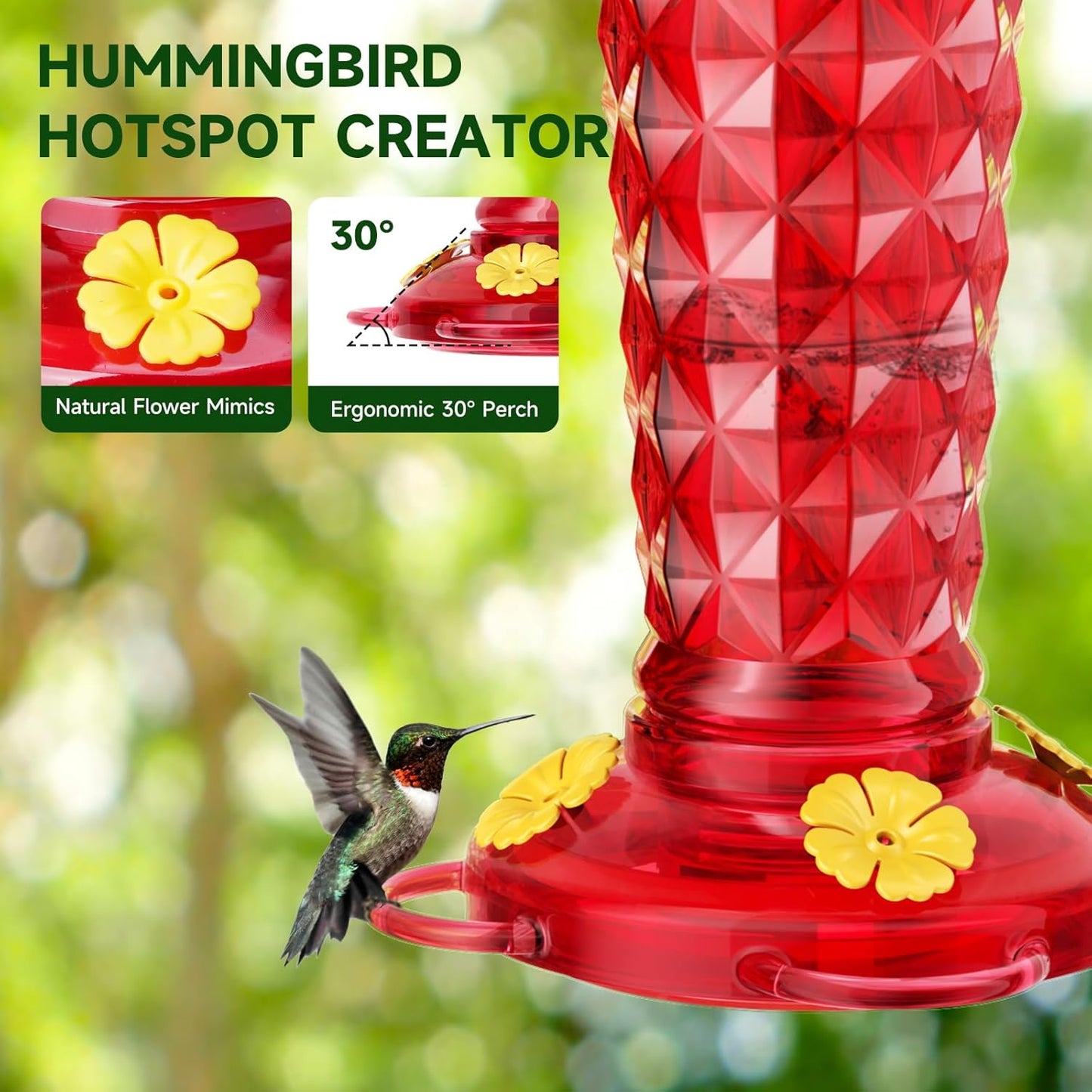 Glass Hummingbird Feeder, 2-Pack 13 OZ Red Hummingbird Feeders for Outdoors with Ant Moats & Bee Guards, Wide Mouth for Easy Cleaning, Leak-Proof Nectar Feeders, Garden Backyard Décor Gifts