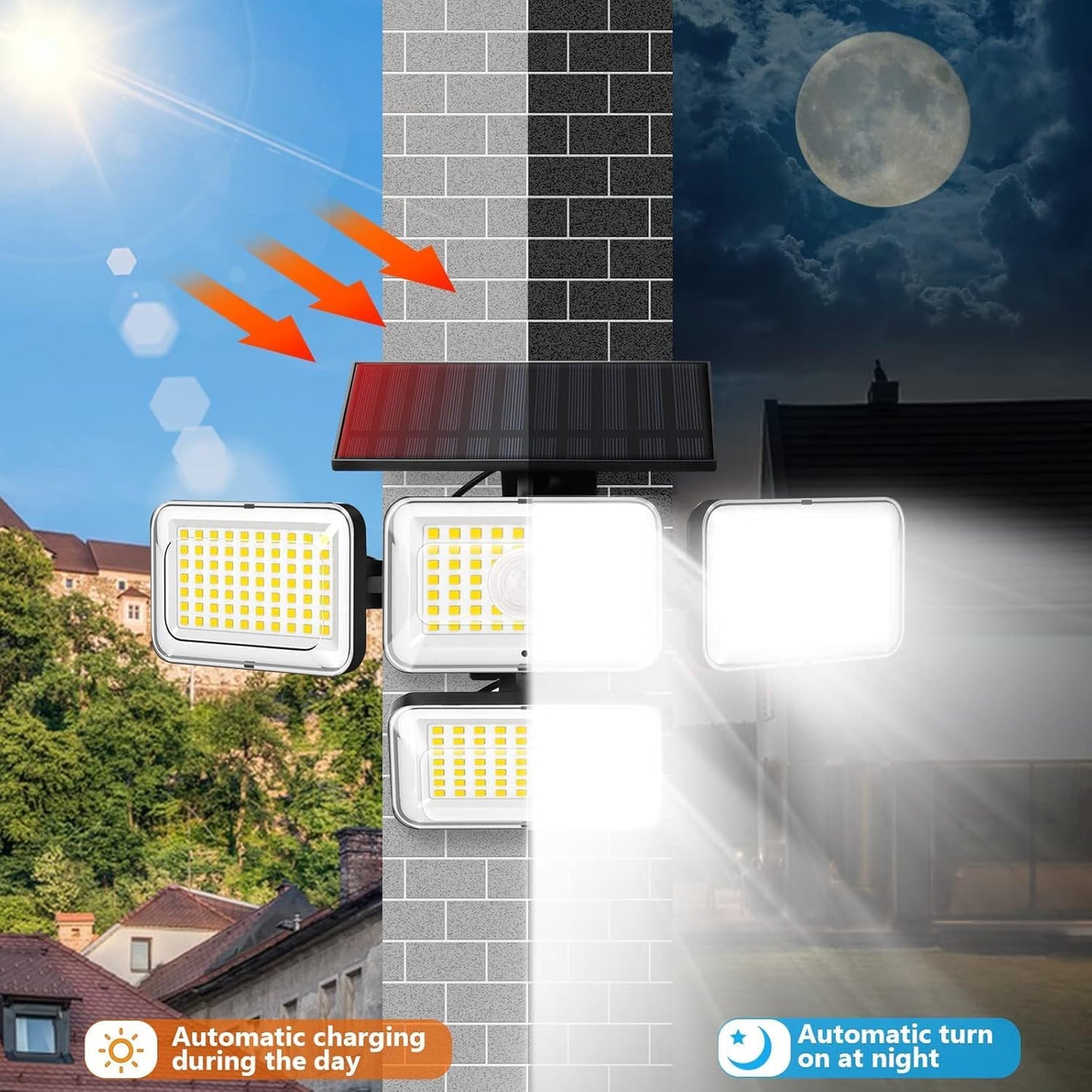 Solar Outdoor Lights, IP65 Waterproof Motion Sensor Outdoor Lights with Remote Control, 4 Heads Solar Flood Wall Lights for Outside Yard Pack of 2
