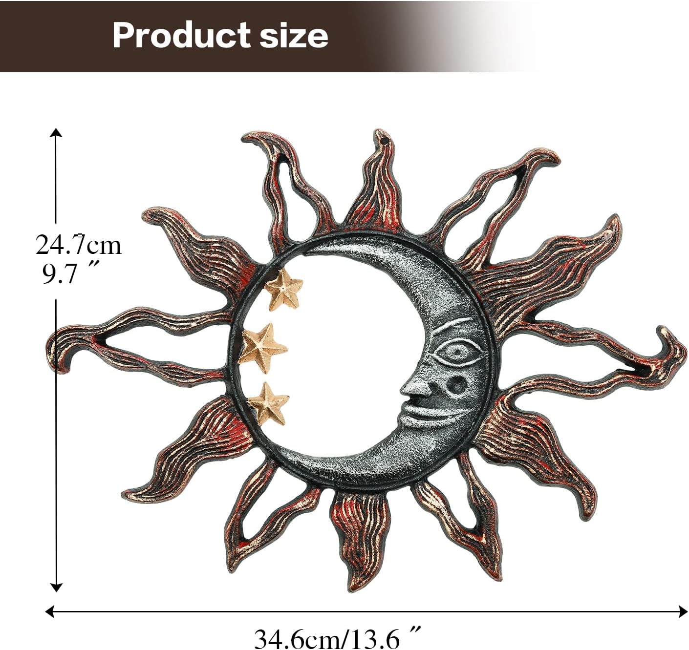 Sungmor Cast Iron Moon & Sun Face Wall Decor, Sturdy Metal Wall Art Sculpture, Outdoor Garden Yard Fence Decorative Plaque, Pretty Vintage Hangings for Farmhouse Indoor Wall, Unique Home Accent Gift