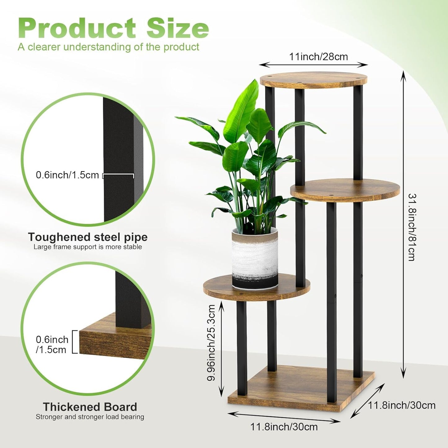 4 Tier Wood Tall Plant Stand Metal Rack Indoor, Multiple Flower Pot Holder Shelves Corner Rack, Round Planter Shelf Display Rack Storage Organizer for Patio Living Room Balcony(Black)