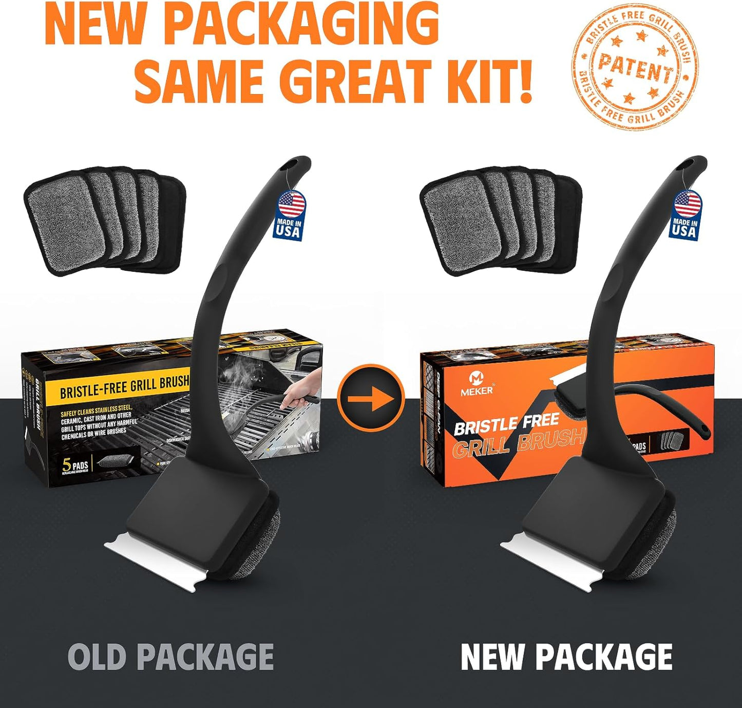 MEKER Grill Brush Bristle Free, Grill Cleaner Brush with 5 BBQ Replacement Head for Cast Iron, Stainless Steel Grates, Safe Grill Scraper Outdoor BBQ Grill, Black