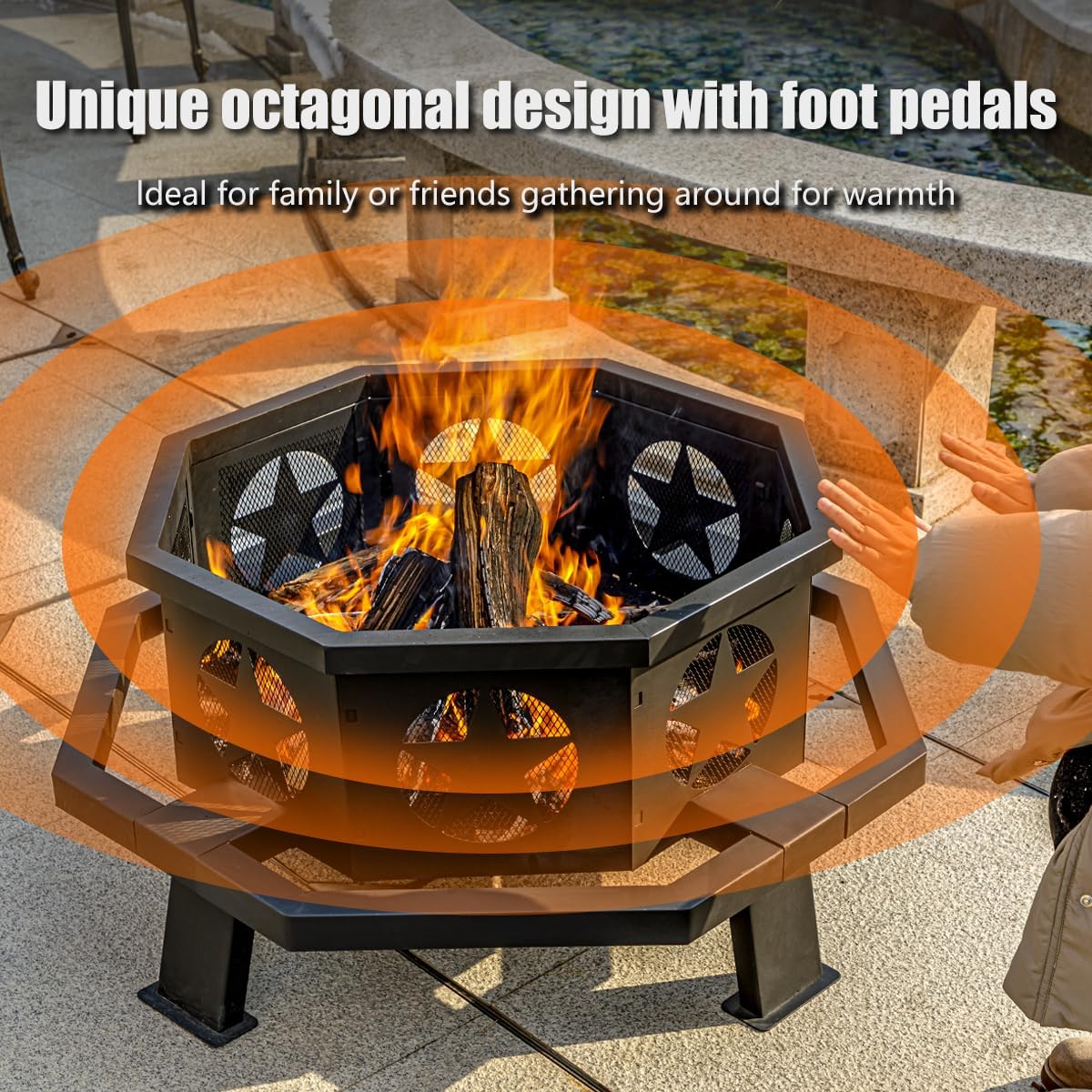 35 inch Fire Pit for Outside, Heavy Duty Wood Burning Fire Pits with Fire Poker, Outdoor Octagonal Firepit for Camping, Yard, Patio