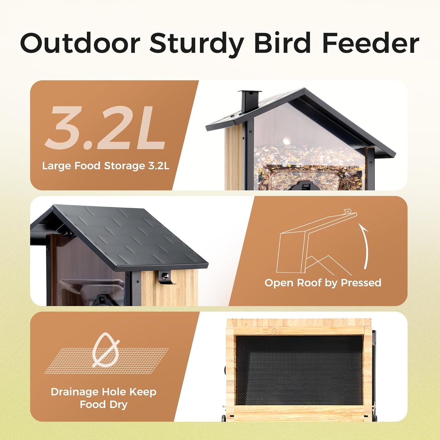 TT Nature Upgrade Squirrel-Proof Bird Feeder with Camera, Solar Powered, Smart AI Bird Species Recognition, Instant Notification, CCPA Data Security, Bamboo 3.2L Large Capacity, Ideal Gift