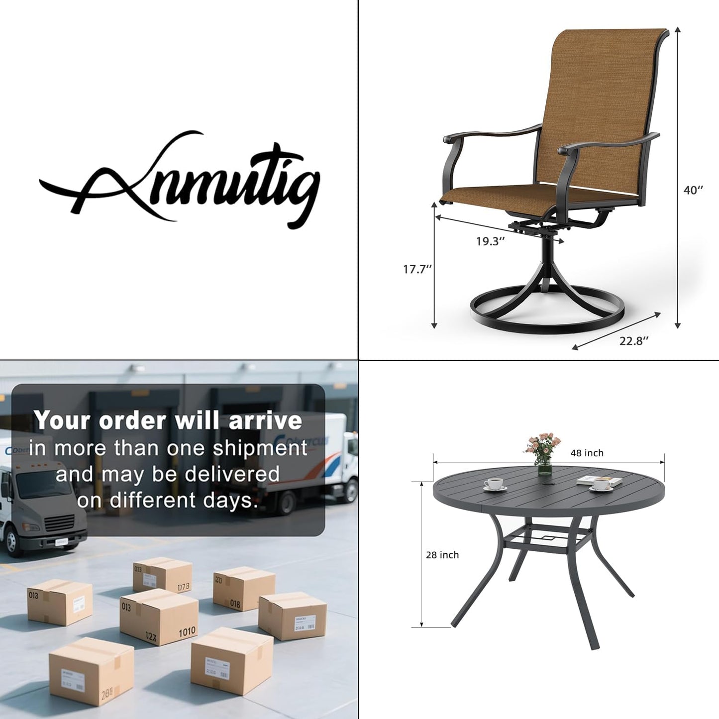 Anmutig 5 Piece Outdoor Dining Set, 4 Swivel Patio Chairs and 48" Round Dining Table with Umbrella Hole, Patio Furniture Set for Lawn Backyard Balcony - Brown Style1