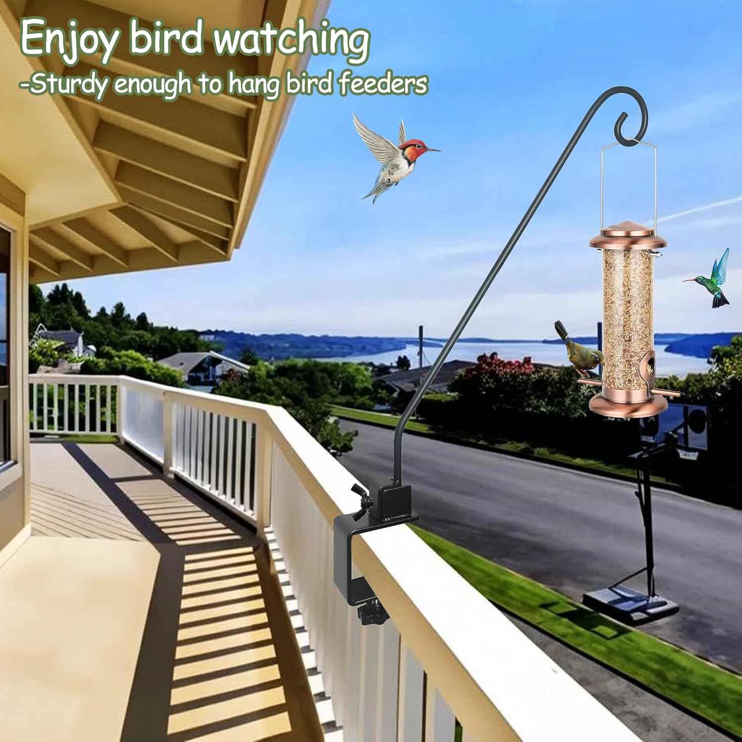 Heavy Duty Deck Hook,Courtyard Decoration,Pole 32”Long Metal Deck Railing Hooks for Hanging Bird Feeders,Planters,Suet Baskets,Lanterns,Wind Chimes,Clamp Mounted,Under 15 LBS