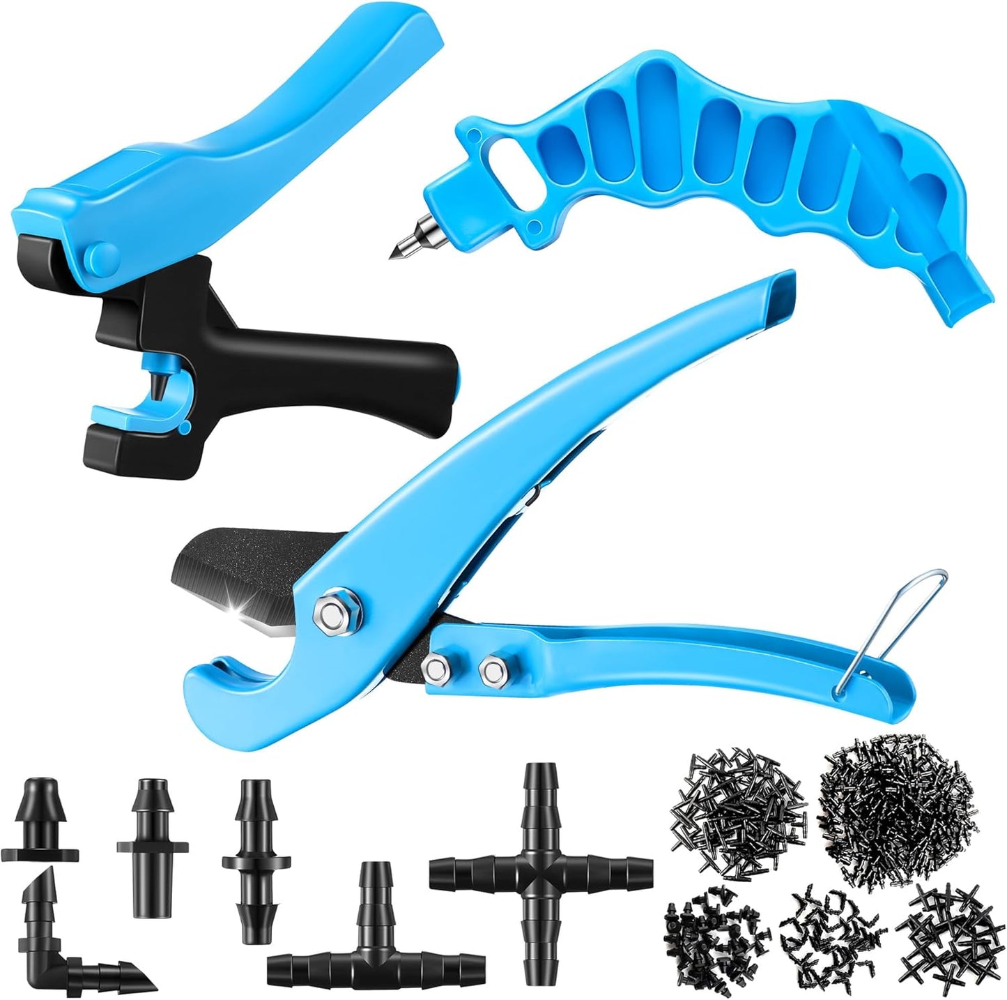 Feekoon Drip Irrigation Punch Hole Tubing Cutter Tools with Barbed Connectors, 2-in-One Drip Tubing Hole Punch for 1/4 Inch Fitting 16 20 25 mm PE Pipe and Emitter(115 Irrigation Plugs)