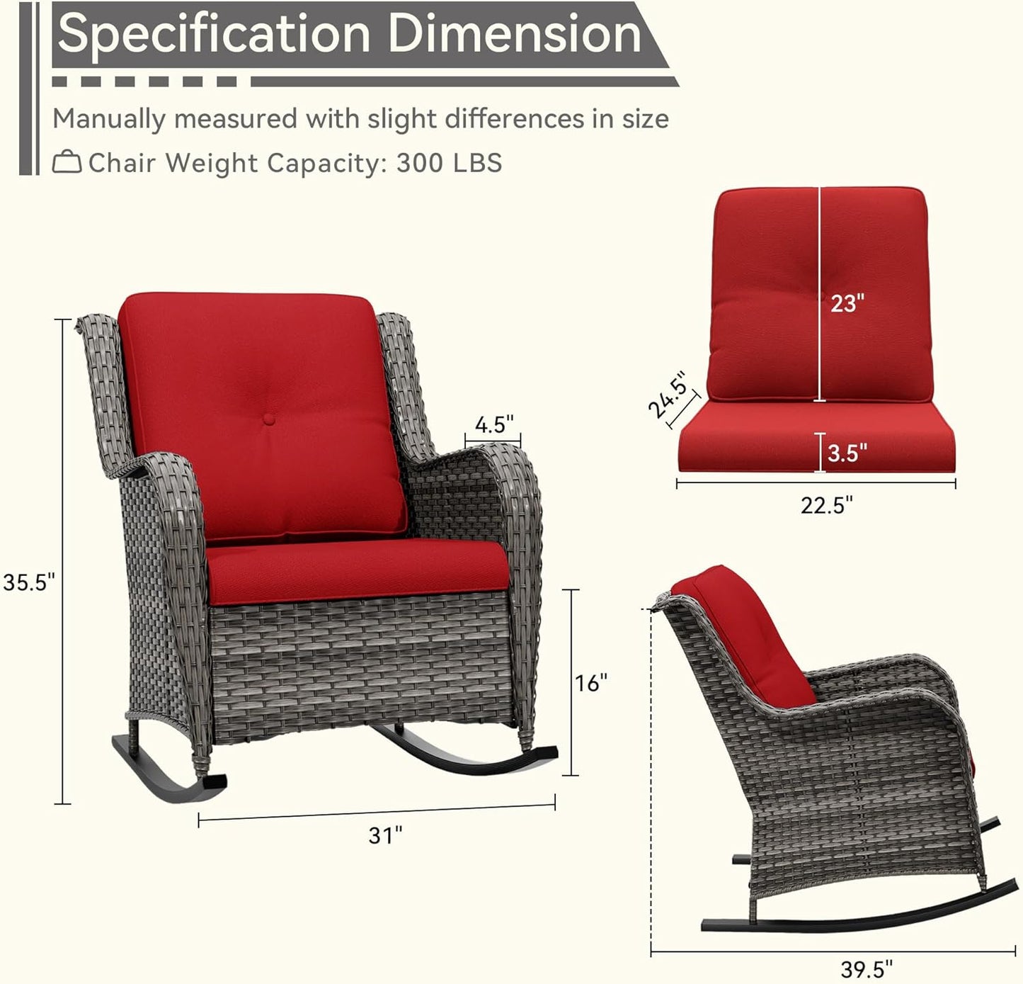 Outdoor Rocking Chair of 2, Wicker Patio Rocker Chair for Yard, Porch, Mixed Brown Grey Rattan, Red Cushions