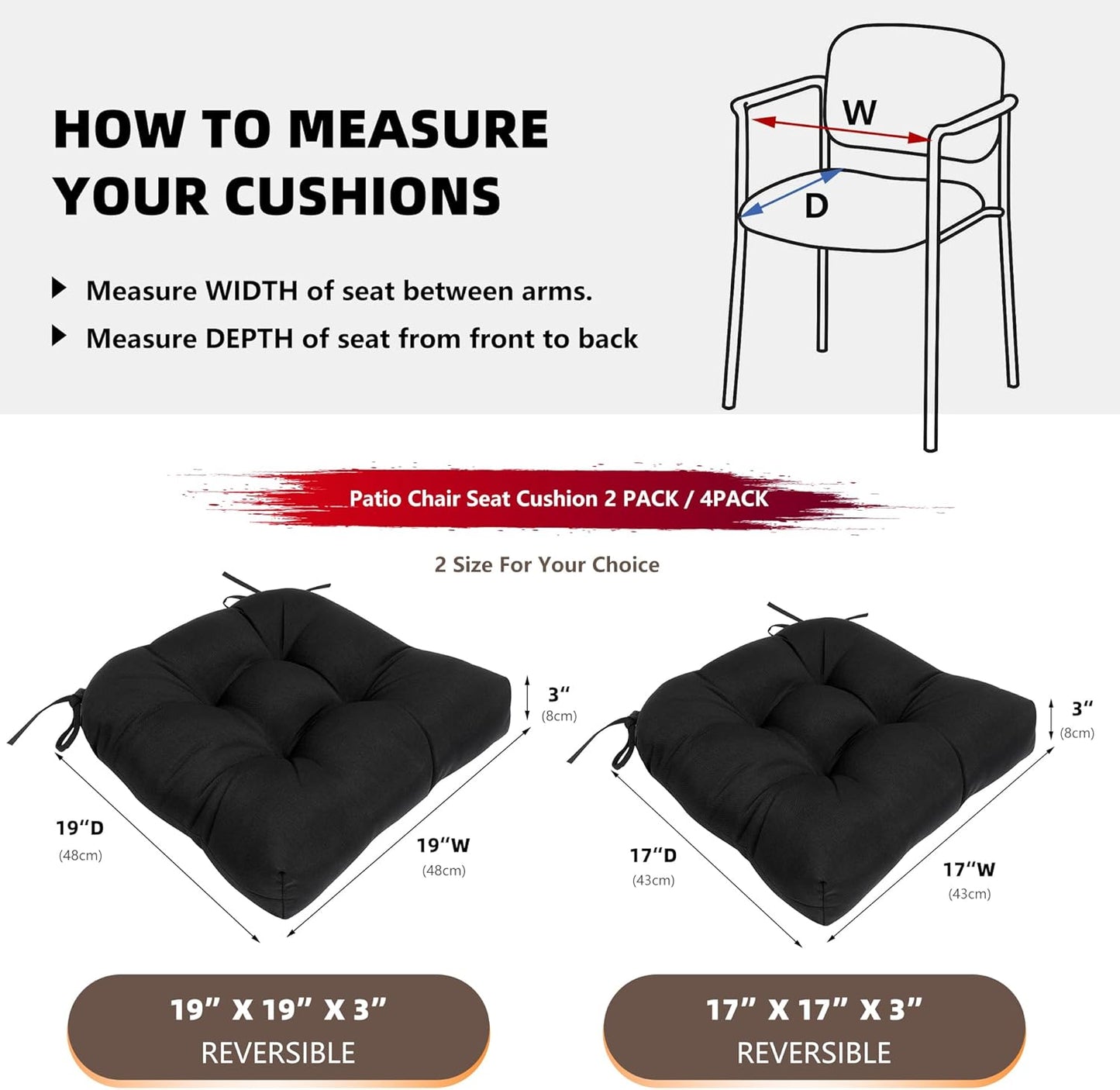 RACE LEAF Patio Chair Cushions 17x17 Inch 4 Pack, Thickened Outdoor Cushions Water Resistant Stain Resistant Non-Slip Ties (Black)