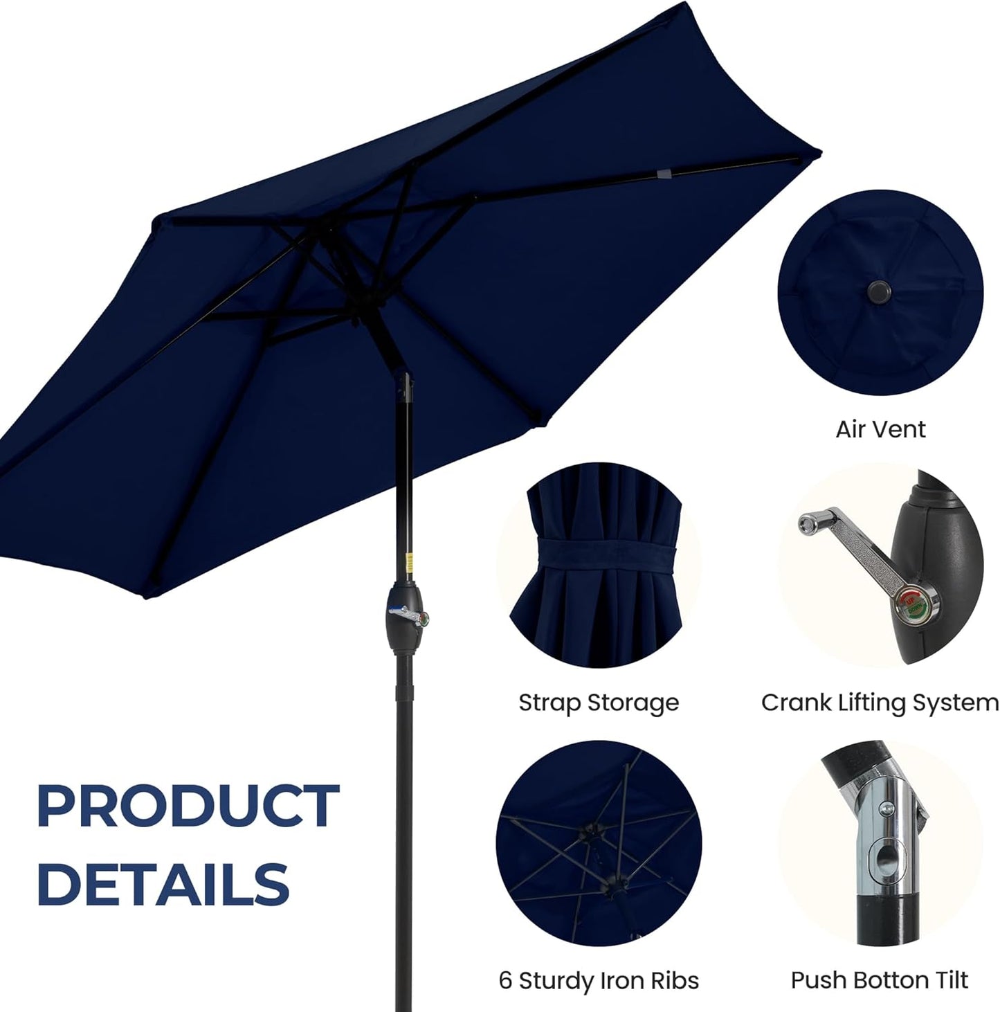 Aok Garden 7.5 ft Patio Umbrella Outdoor Market Umbrella Tilt Button and Crank 6 Ribs for Deck Lawn Pool& Backyard