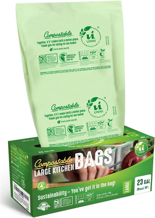 UNNI Compostable Trash Bags, 20-23 Gallon / 87 Liter, 30 Count, Extra Thick 1.0 mil Large Bin Liners for Food Scrap, BPI, CMA & OK compost HOME Certified, Meets ASTM D6400