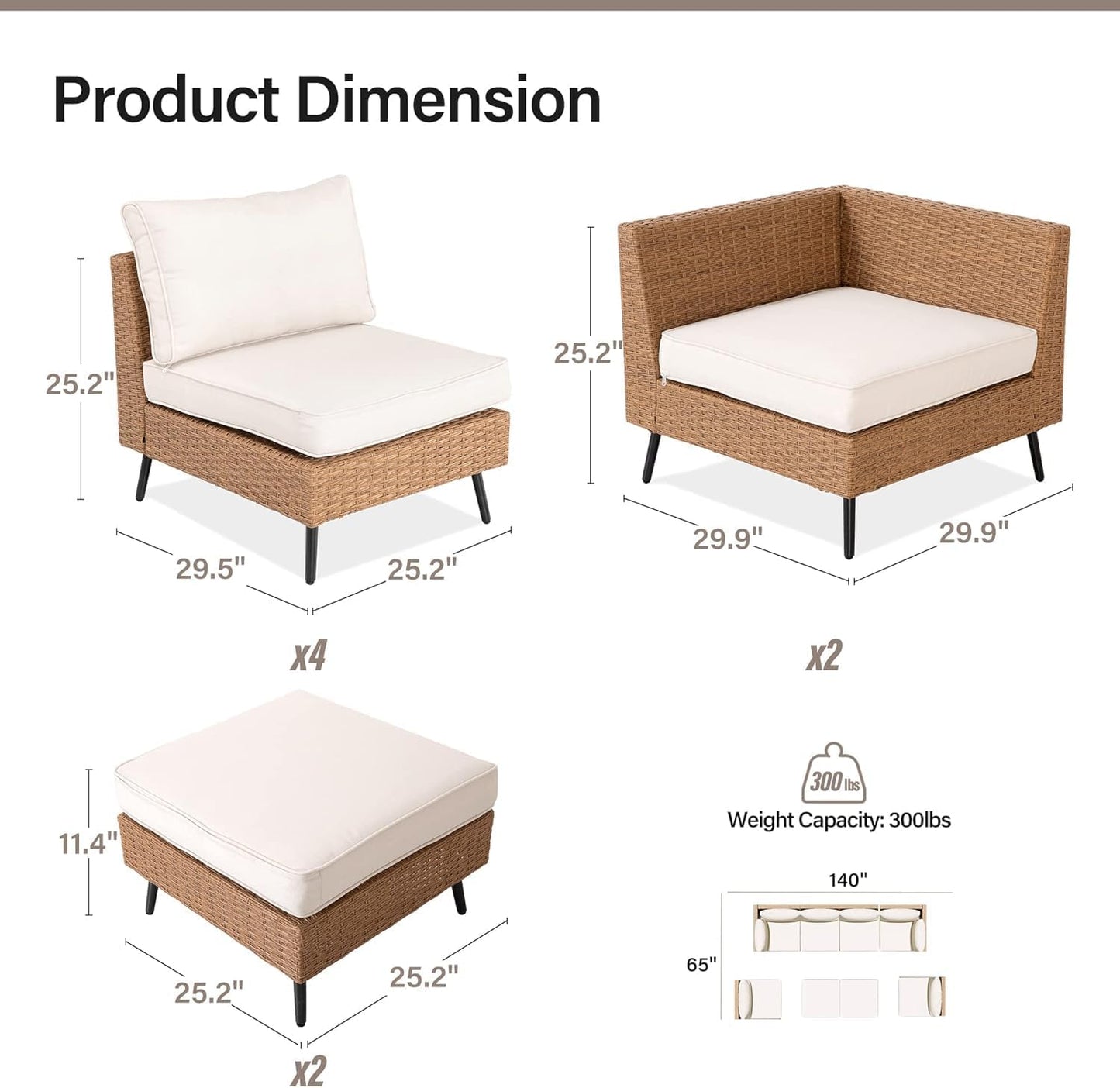 EO Living 6-Piece Patio Furniture Set, Outdoor Sectional Sofa PE Rattan Outdoor Patio Furniture with Thick Cushions, All Weather Patio Conversation Sets for Garden, Poolside, Backyard(Beige)