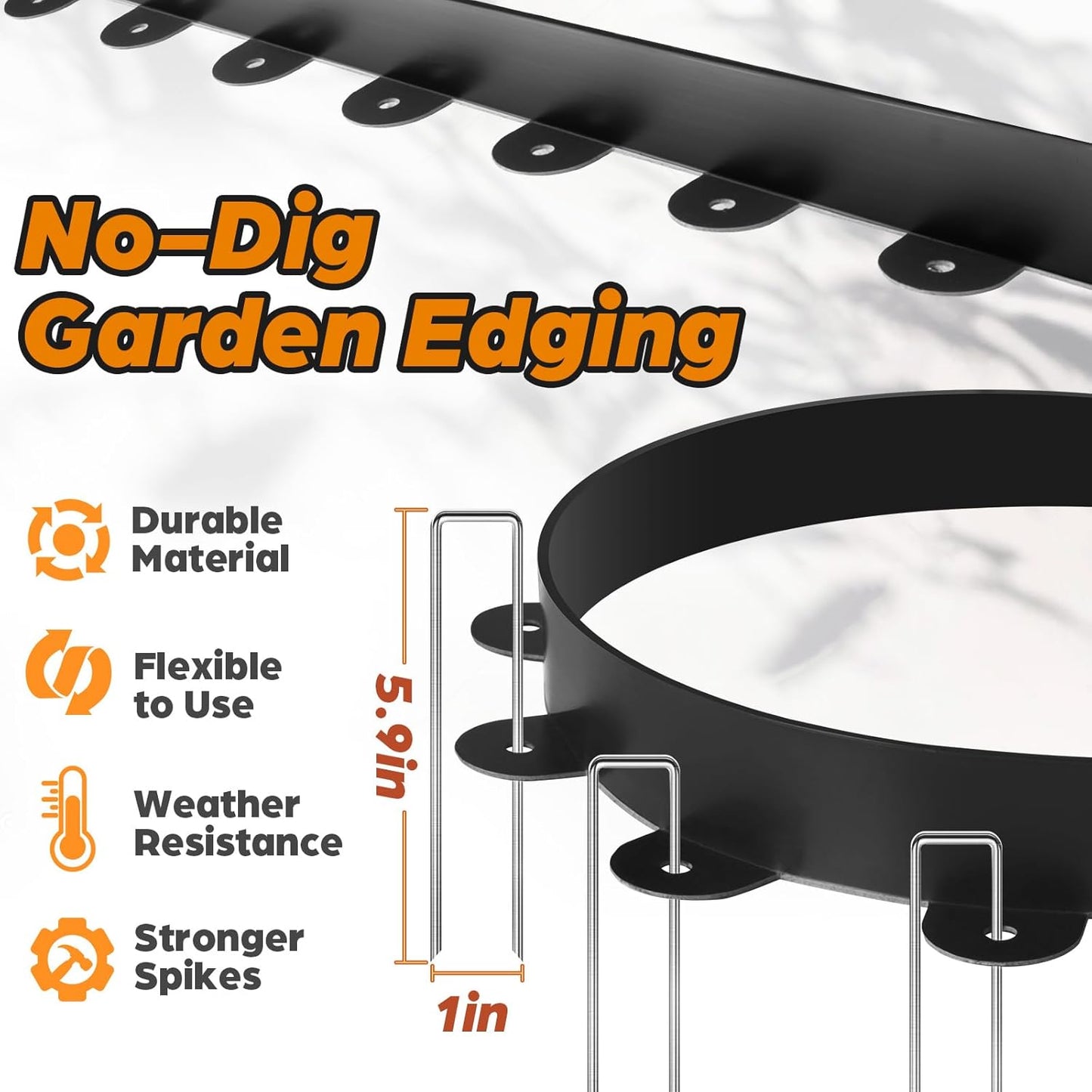 Landscape Edging, 1.5" x 20' Plastic Garden Edging with 20 Pcs Metal Spikes, Flexible Garden Border for Lawn, Landscaping, Flower Beds