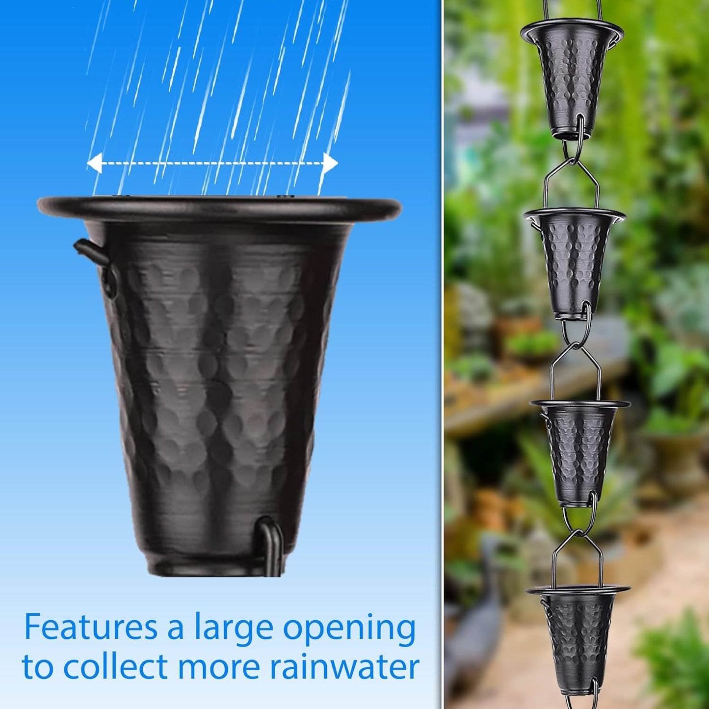 Hand-Hammered Fluted Rain Chain 8.5 FT – Black Powder-Coated Aluminum - Functional and Decorative Replacement for Gutter Downspouts - Premium Rain Chains for Gutter
