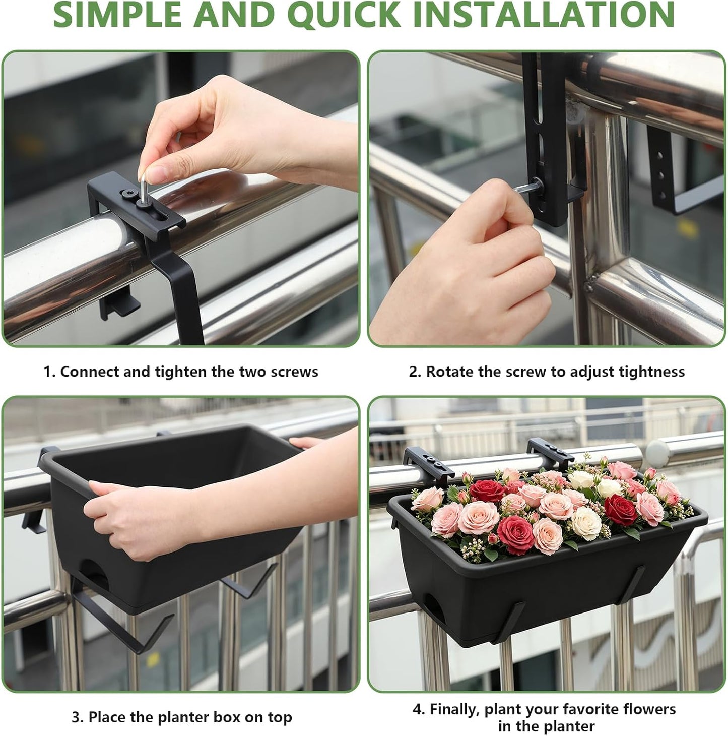 OYEAL Railing Planter Box 4 Pack Window Boxes Planters with Adjustable Brackets 17 Inch Hanging Planters for Outdoor Plants Flower Boxes for Balcony Fence Deck Railing Porch Over Rail, Black