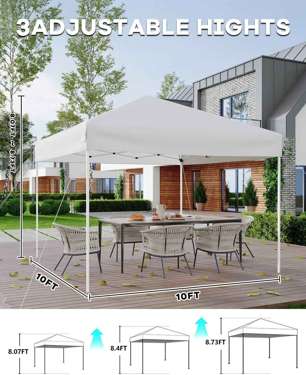 10x10 Pop Up Canopy Tent, Easy Up Canopy with 3 Adjustable Height, Outdoor Sun Shade with 4 Sandbags & Carrying Bag for Camping, Parties,Outdoor Events - White