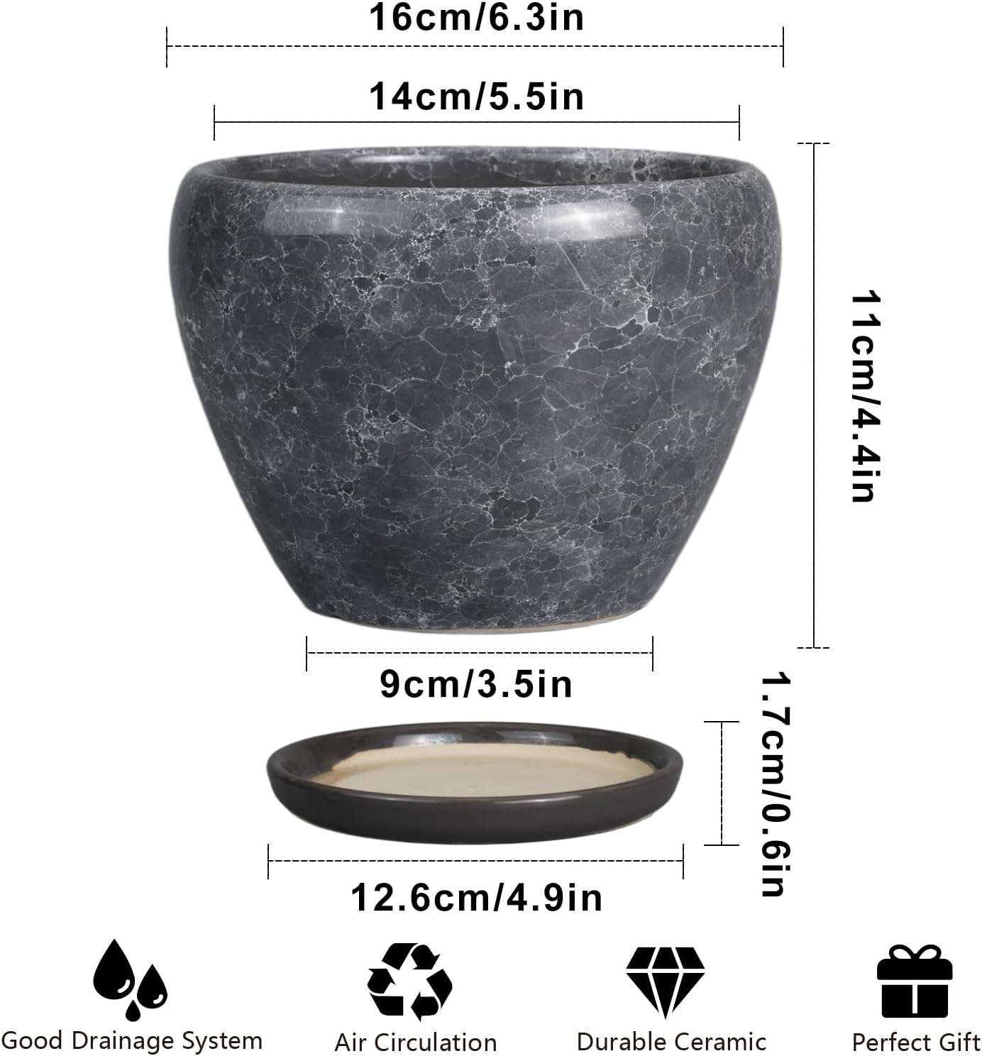 Ceramic Planter - 6 Inch Plant Pot with Drainage Hole and Saucer, Succulent Pot Glaze Round Flower Pot for Indoor Outdoor Plants, Gray