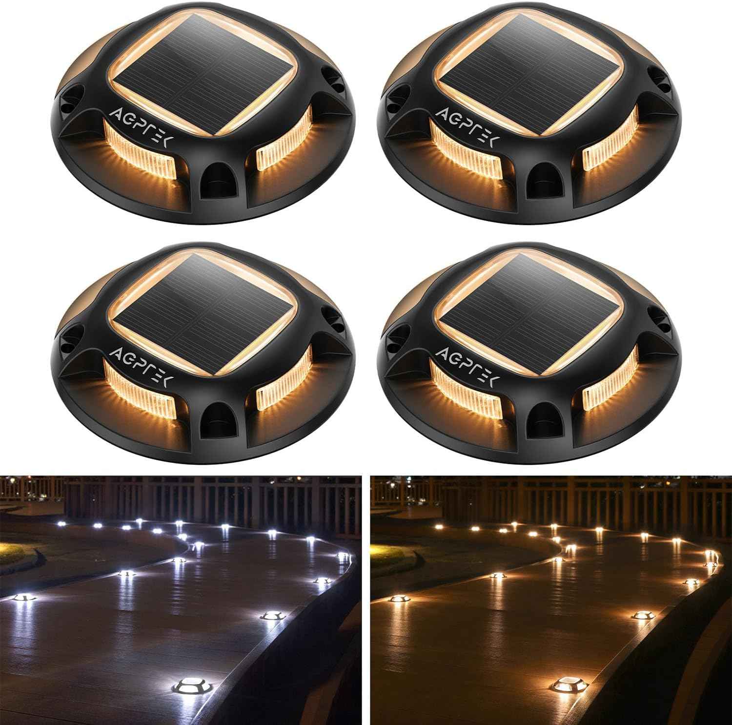 AGPTEK Solar Driveway Lights Outdoor 4 Pack, 2 Color Modes LED Deck Dock Marine Waterproof Driveway Marker Lights for Step Sidewalk Stair Garden Pathway Walkway Yard (Warm White/Cool White, Black)