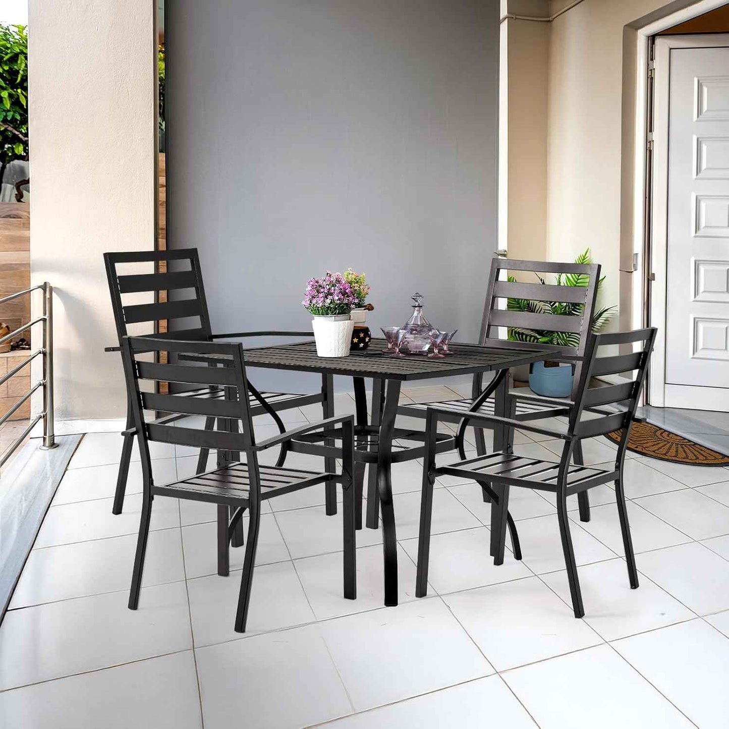 VINGLI 36" Square Patio Table for 4, Metal Outdoor Dining Table with Umbrella Hole, All-Weather Steel Patio Dining Table Outdoor Table for Lawn, Garden, Backyard, Black