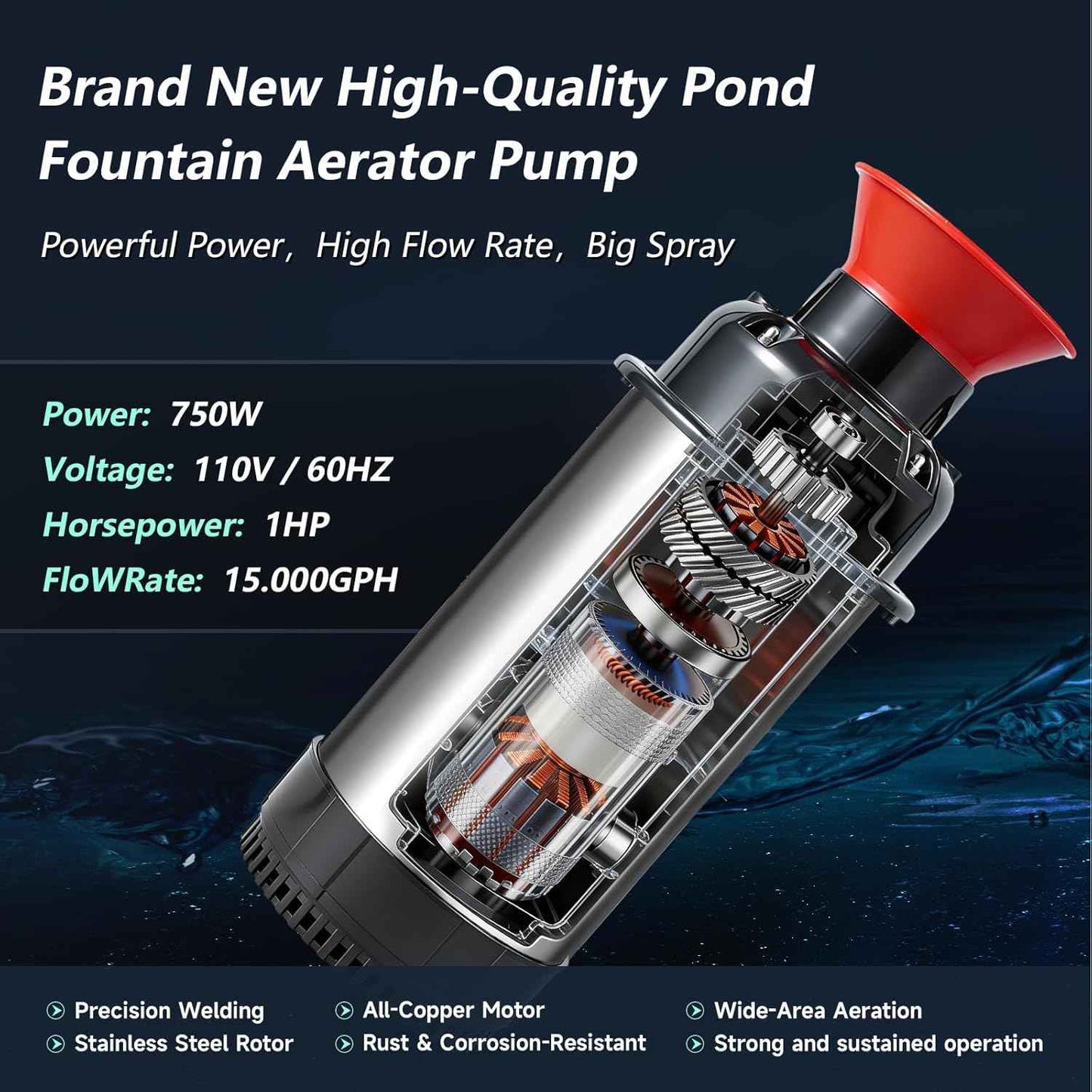 Pond Fountain Aerator, 1HP 110V 750W 15000 GPH Stainless Steel Fountain Pump with 2 Distinct Water Fountain, Fully Automatic Powerful Lake Floating Fountain, 100FT Power Cord, Rope, Timer