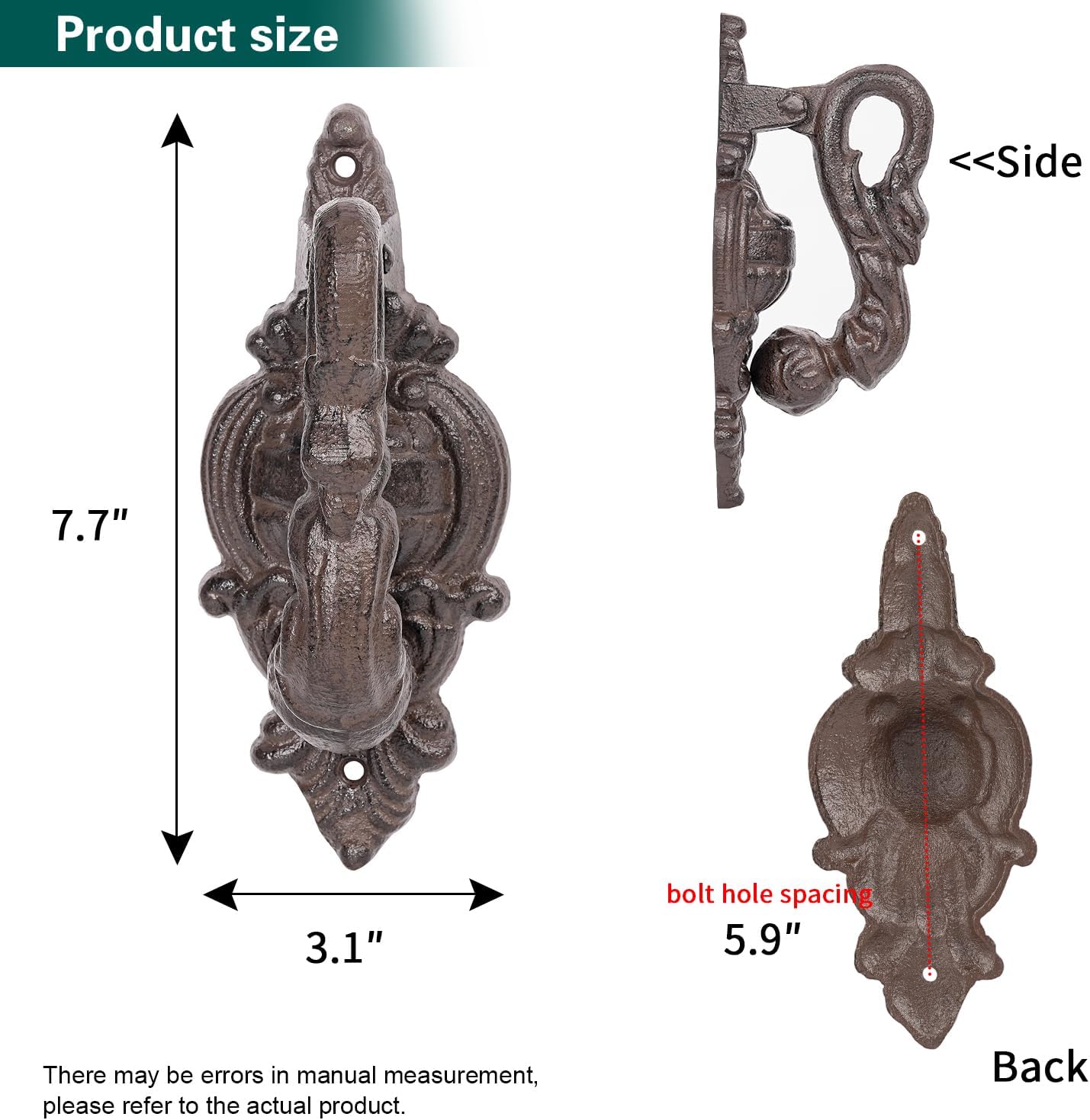 Sungmor Vintage Cast Iron Door Knocker,8.4" Tall Heavy Duty Pull Handle,Rustic Dragon Design for Farmhouse Entrance Door Decor,Antique Brown Finish