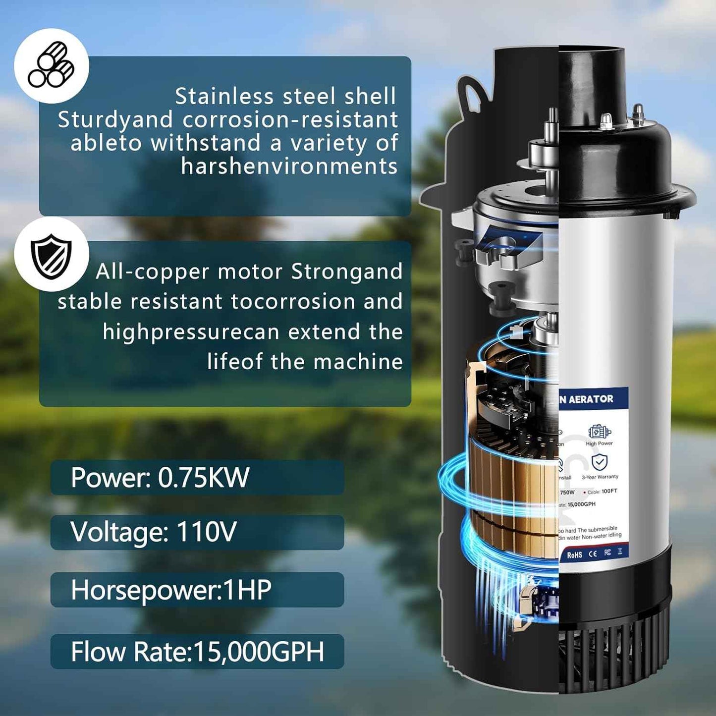 Pond Fountain Aerator 1HP 110V 750W - pond fountain- pond aerator 15,000 GPM - Includes 100-foot Power Cord - Features Tow Rope Steel Anchoring Pin Timer - Suitable for Ponds and Lakes