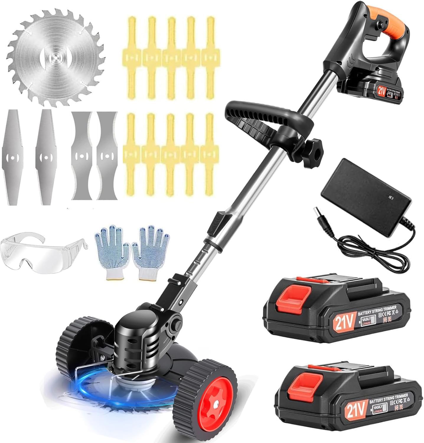 Stringless Weed Wacker Electric Weed Wacker Cordless with Wheels, 2pcs Batteries&4 Types Blades,Lightweight, 21V Weed Trimmer 3-in-1 Grass Trimmer/Brush Cutter/Edger, for Thick Weeds&Yard Garden