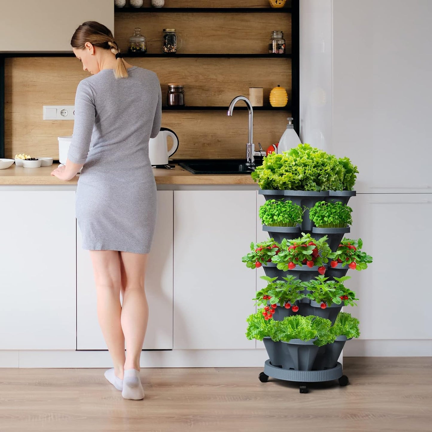 7 Tiered Strawberry Vertical Planter Tower Garden 3 Pack, Stackable Planter Herb Garden Planter with Movable Casters and Bottom Saucer Indoor and Outdoor - Dark Grey