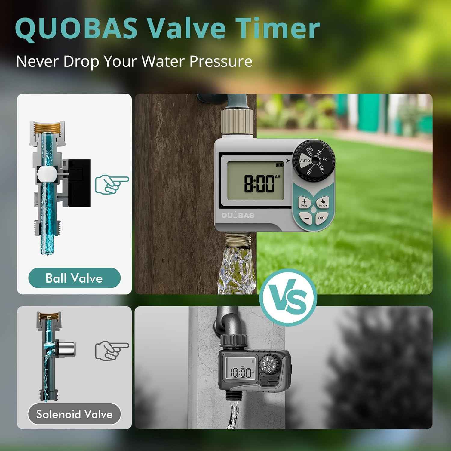QUOBAS Low Pressure Water Timer, Weekly Programmable Sprinkler Timer with Brass Inlet & Outlet for Rain Barrel, Garden Hose, with Ball Valve & Waterproof Screen, Rain Delay/Manual/Auto Modes