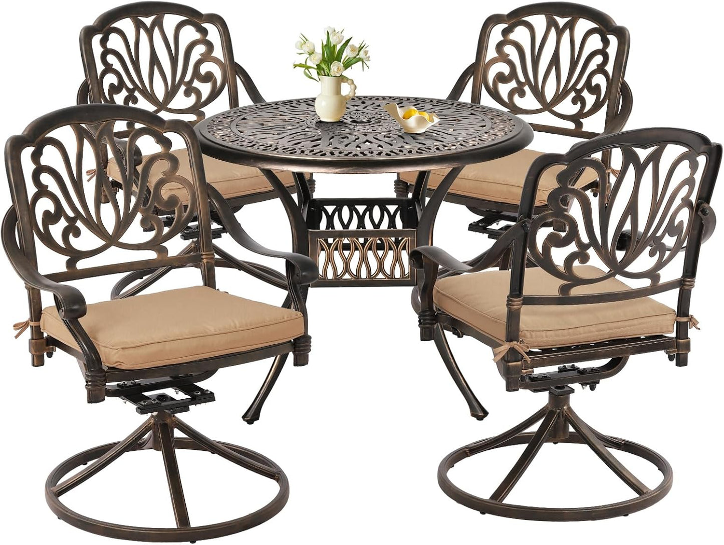 Grepatio 5 Piece Outdoor Dining Set Cast Aluminum Patio Dining Set Table and Chairs Outside Furniture 4 Swivel Chairs with Cushion and 1 Umbrella Hole Round Dining Table for Lawn Garden Patio (Khaki)