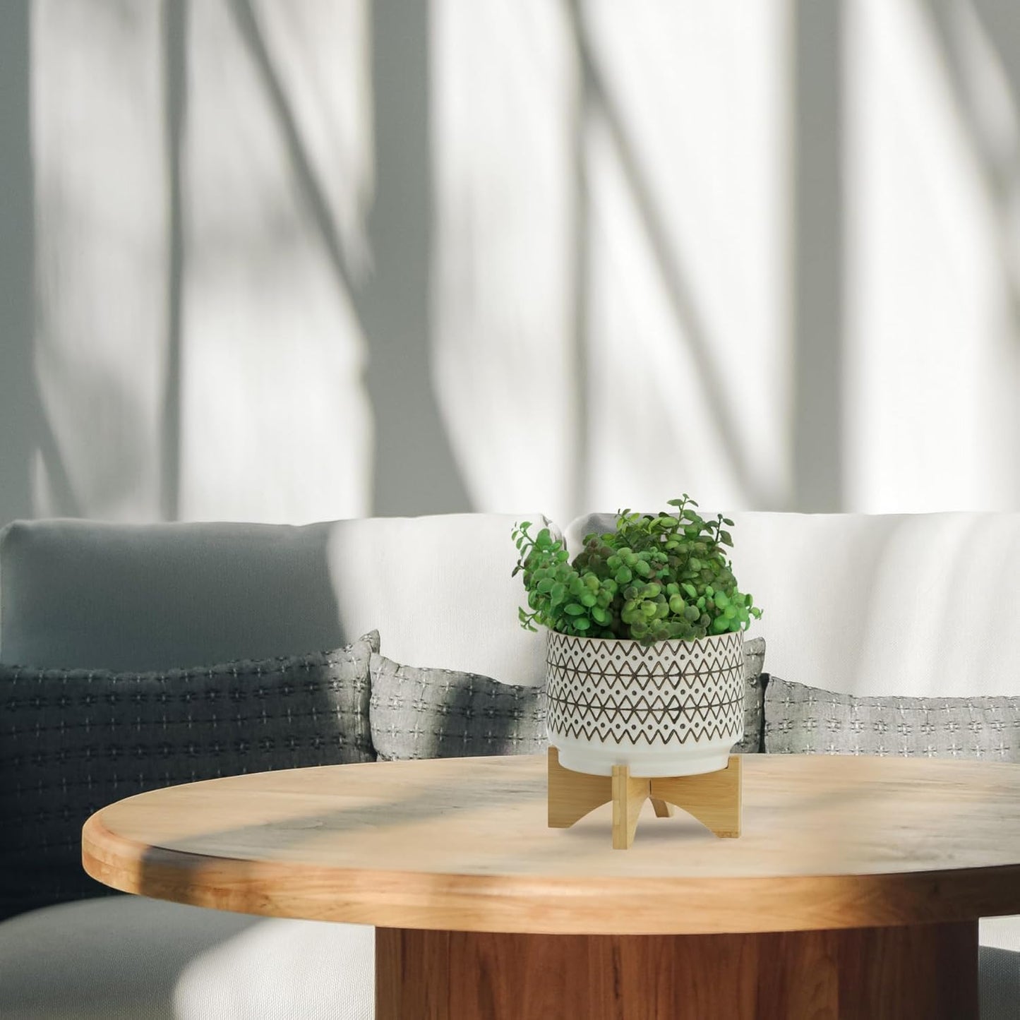 Sagebrook Home Ceramic Planter with Stand - Decorative Stoneware Pot with Wood Base - Modern Boho Indoor/Outdoor Plant Holder for Home & Garden - 8" Ivory & Tan