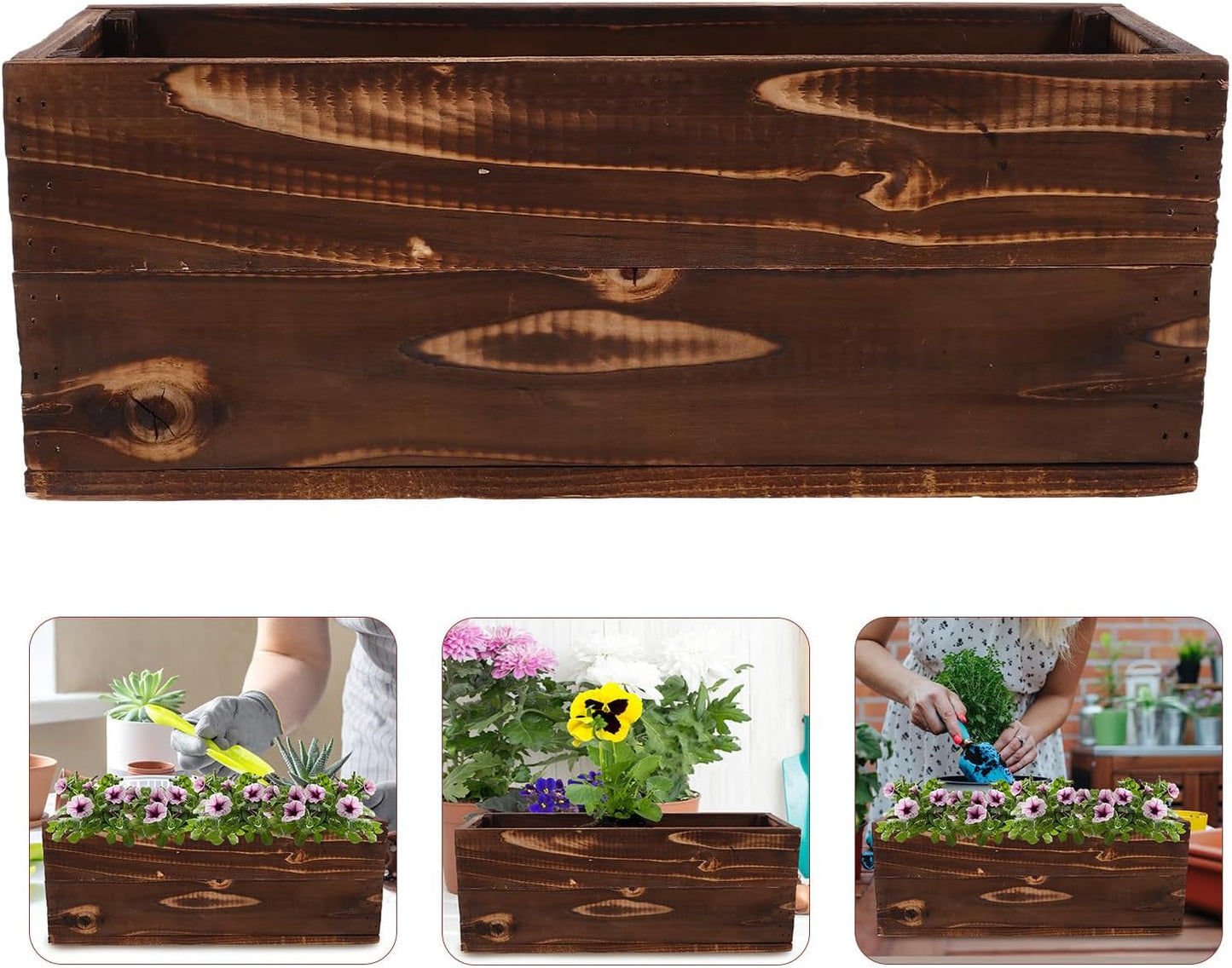 Rustic Rectangular Wood Planter Box for Succulents and Herbs, Large Outdoor Wooden Flower Pot with Anti-Corrosion Solid Wood, 40x14x15cm Balcony Garden Container