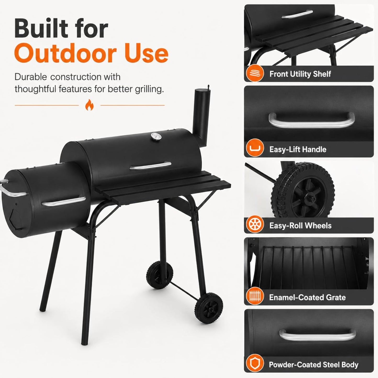 Outdoor Charcoal Grill & Smoker Combo - Dual Chamber, Heavy-Duty Steel, Black - Ideal for BBQ, Backyard Cooking, Camping - Portable Grill with Enhanced Thermometer, Easy Mobility，camping grill