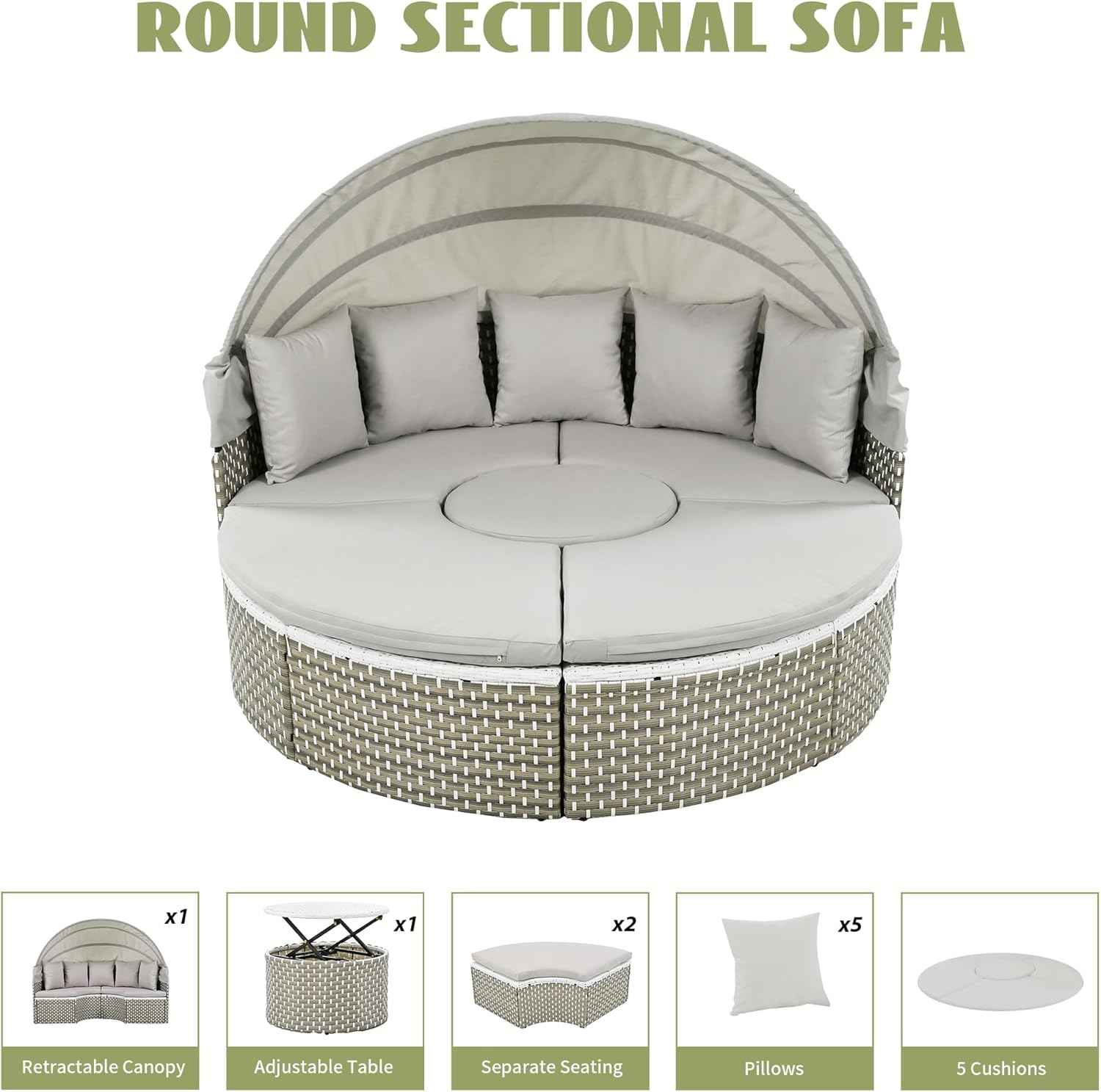 Merax Patio Furniture Round Outdoor Sectional Sofa Set, Rattan Daybed Two-Tone Weave Sunbed with Retractable Canopy, Separate Seating and Removable Cushion, Grey