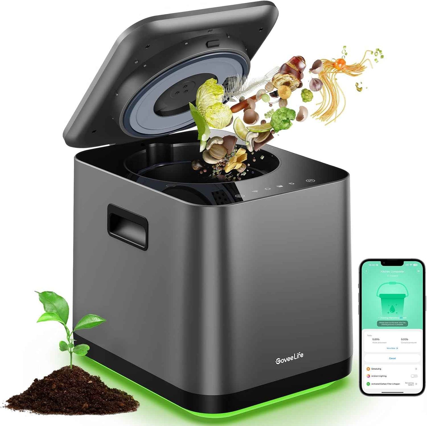 GoveeLife Upgraded Electric Composter for Kitchen, Smart Indoor Countertop Compost Bin, Odorless, Low Noise, Auto-Cleaning, Turn Food Waste into Fertilizer, Food Waste Compost Machine with LED Display