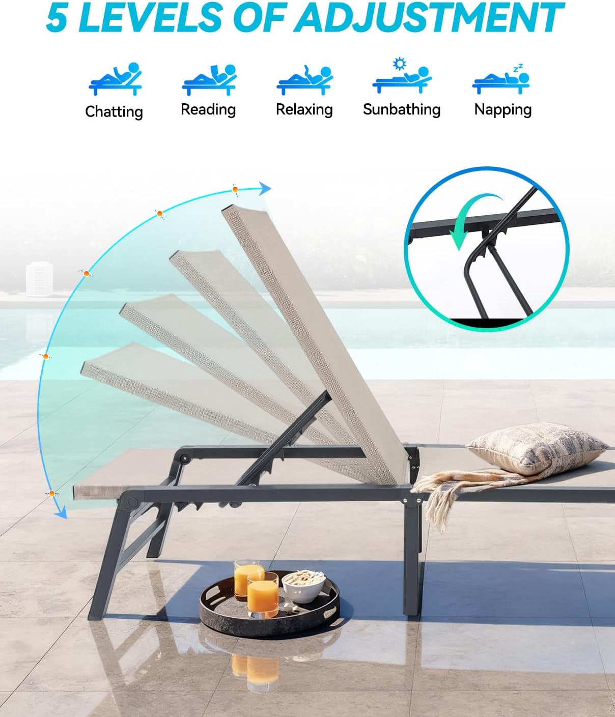 Aluminum Chaise Lounge Outdoor, Foldable & Assemble-Free Lounge Chair Outdoor Set of 2, Lounge Chair with 5 Adjustable Backrest, Patio Lounge Chair for Outside, Poolside, Beach, Pool, Grey