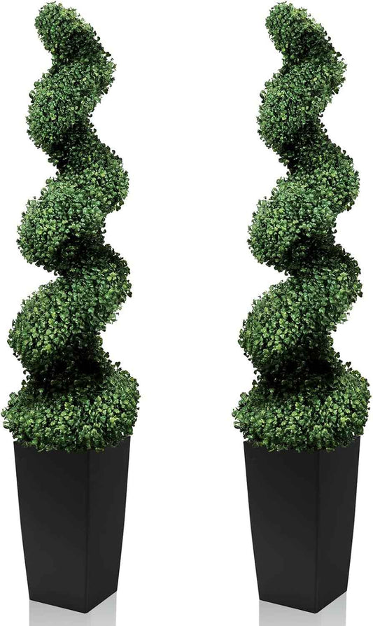 Mavis's Diary 5FT Artificial Spiral Topiary Trees, Set of 2 UV Resistant Faux Boxwood Plants in Square Planter, Indoor Outdoor Fake Shrubs for Front Porch, Entryway, Patio, Home Decor