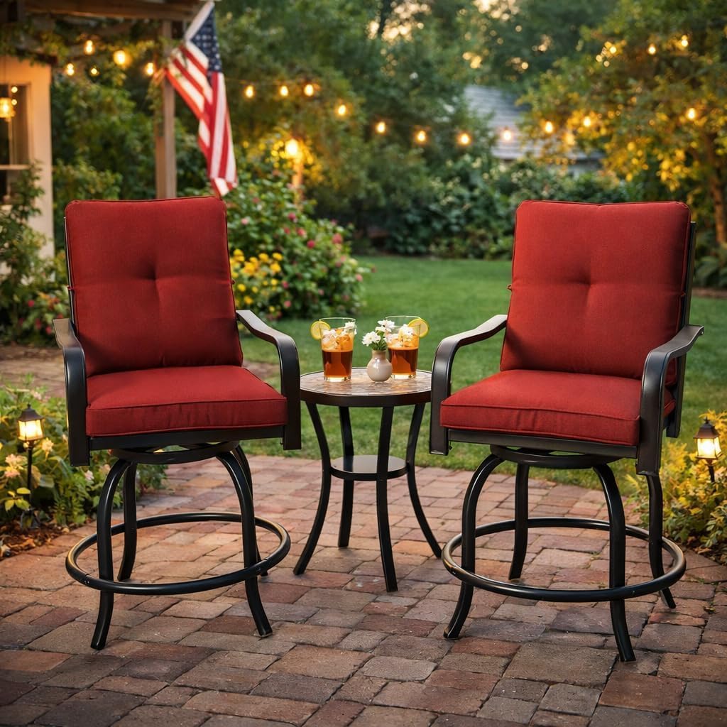 Kozyard Isabella Outdoor Swivel Bar Chairs Set of 2, Counter Height Patio Bar Stools with Cushioned Seats, Weather-Resistant Metal Bistro Chairs for Backyard Dining Burgundy