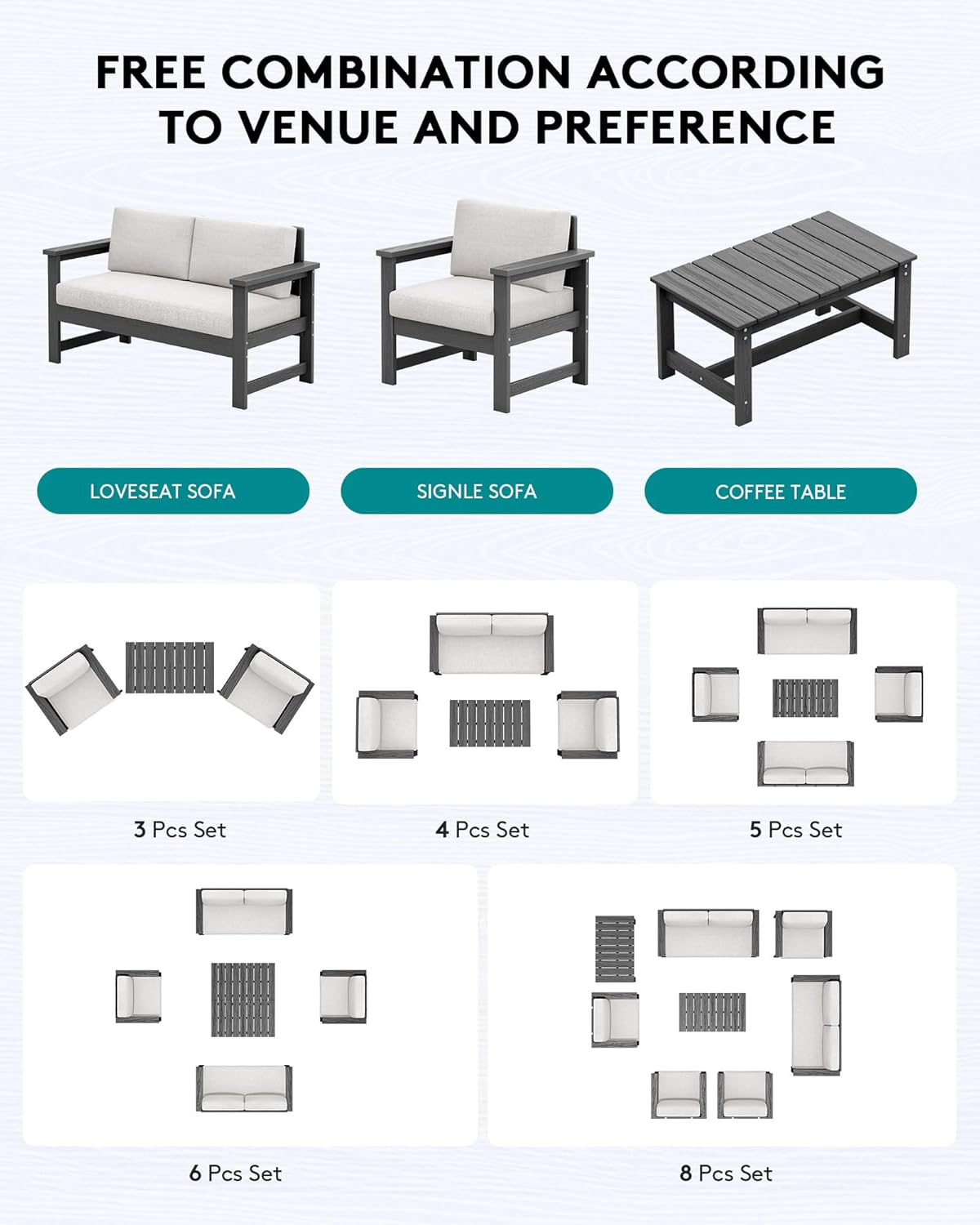 SERWALL 5 Pieces HDPE Outdoor Sofa Set with Cushions, All Weather Use Patio Conversation Couch Loveseat Furniture with Coffee Table for Balcony, Deck, Poolside, Grey Frame with Khaki Cushions