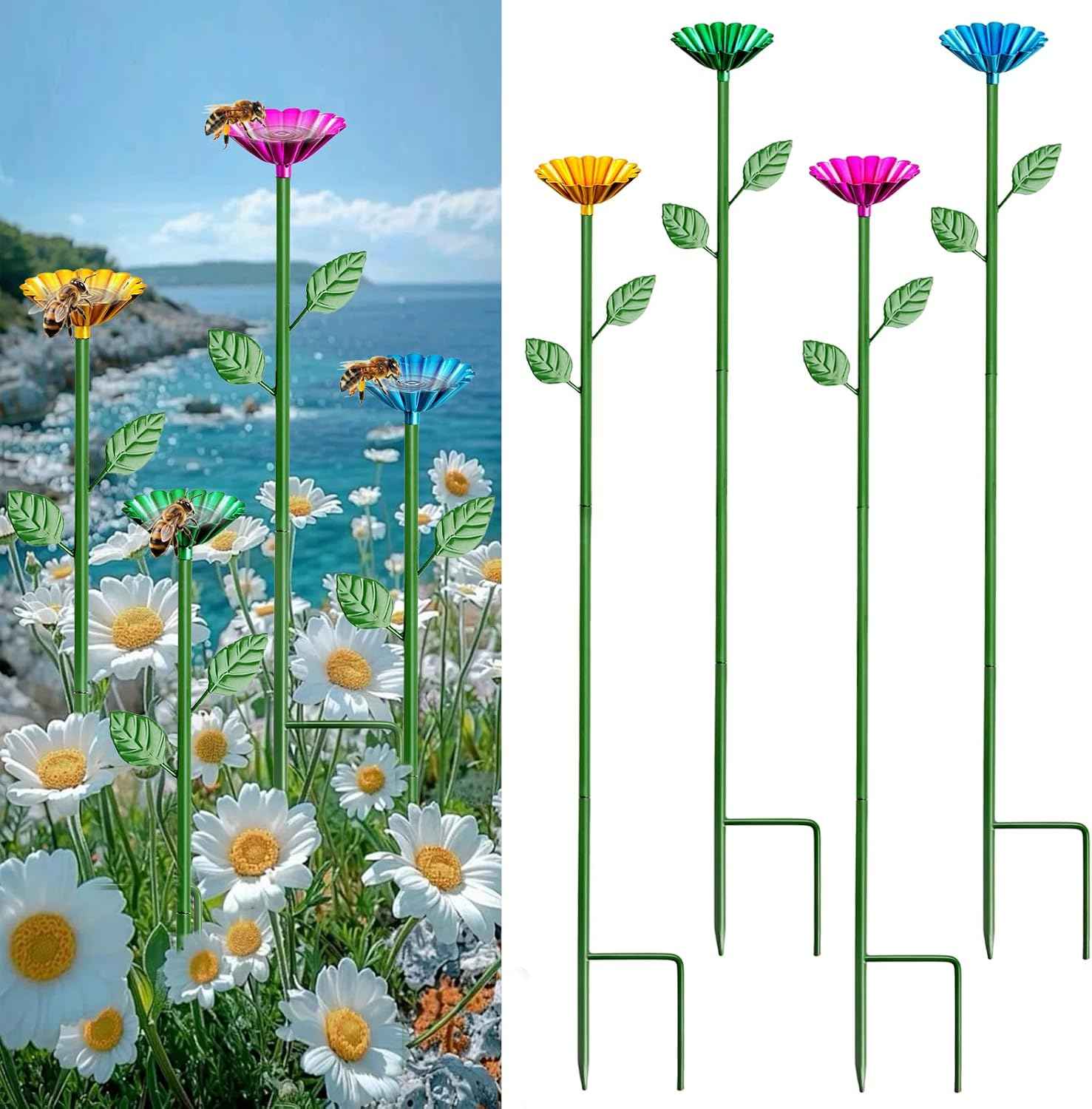 4 Pack Bee Watering Station, Bee Bath for Garden Metal Bee Water Feeder with Flower Design, Colorful Butterfly Bee Bath Bowl for Outdoor Garden Yard Decor (Red,Green,Blue,Yellow)