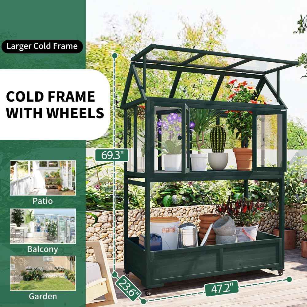 Garden Wood Portable Cold Frame with Movable Wheels Mini Greenhouse with Openable Roof and Storage Box (Green)