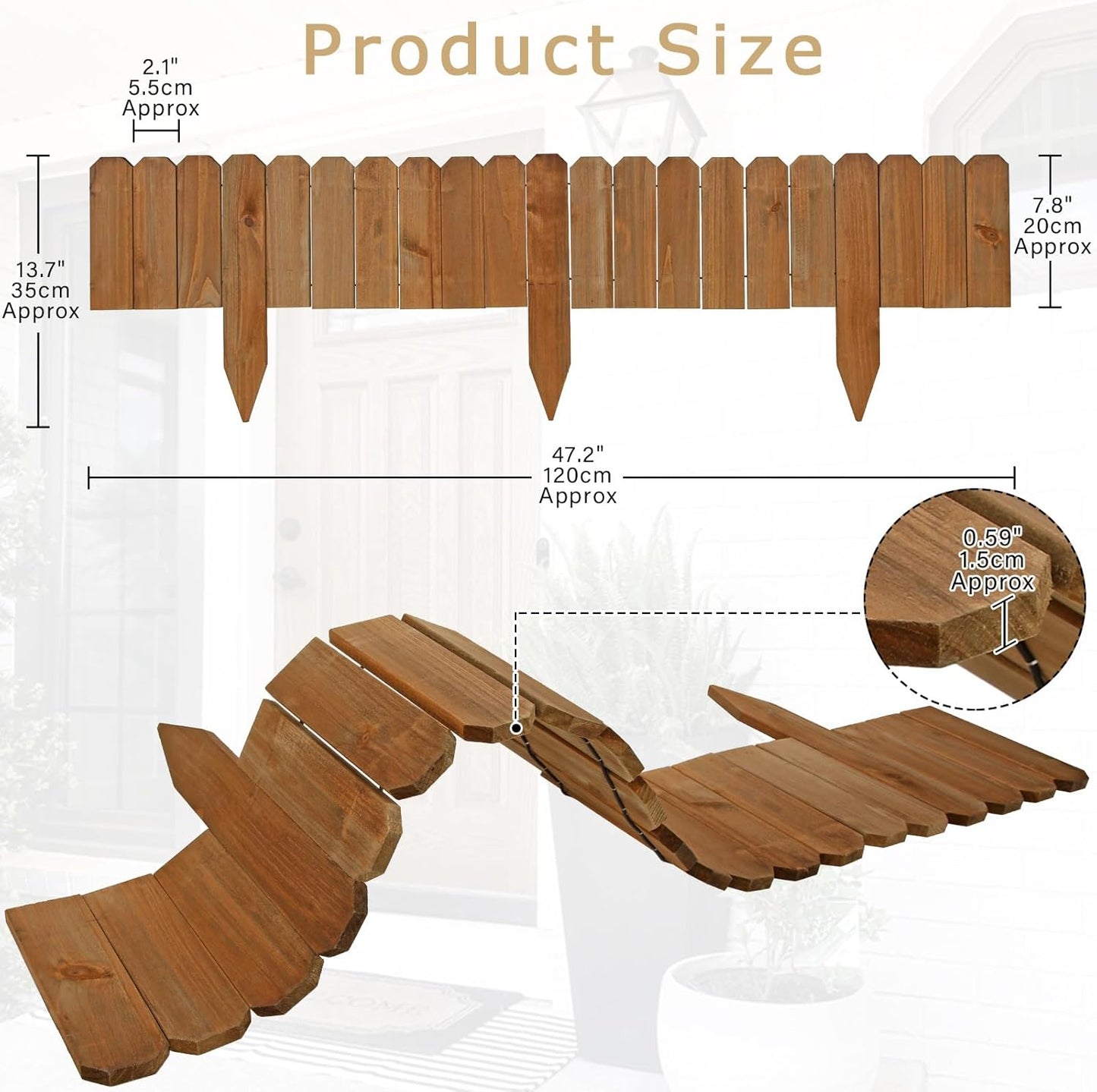 47" L x 8" H Wooden Garden Fence, 1 Pack Short Wood Garden Edging Border for Flower Bed Outdoor, Decorative Landscape Picket Fence for Tree, Flexible Yard Barrier for Lawn Path, Charred Brown
