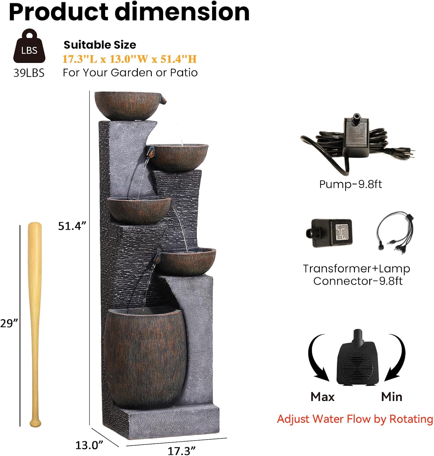 Bumilgar51.4 H Water Fountain Outdoor&Indoor, 5-Tiers Cascading Modern Feature Crocks Garden Fountains and Waterfalls with Warm Lights for Porch, Deck, Patio, Home Décor (Gray)