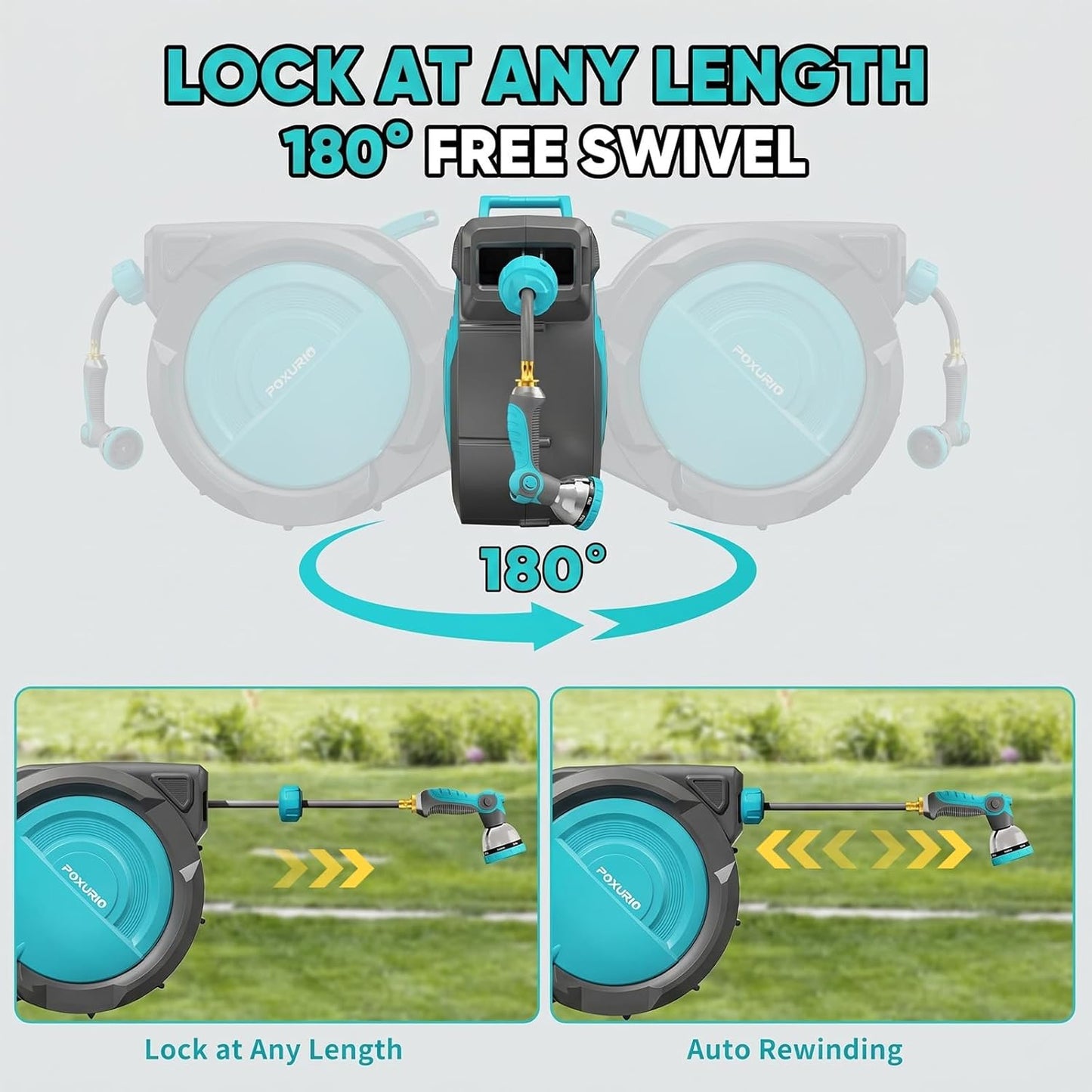 1/2" 160FT Retractable Garden Hose Reel - POXURIO Heavy Duty Automatic Wall Mounted Hose Reel Upgraded UV Resistant, 3/4" Brass Fitting, 10 Pattern Nozzle, 180° Swivel&Any Length Lock Slow Retraction