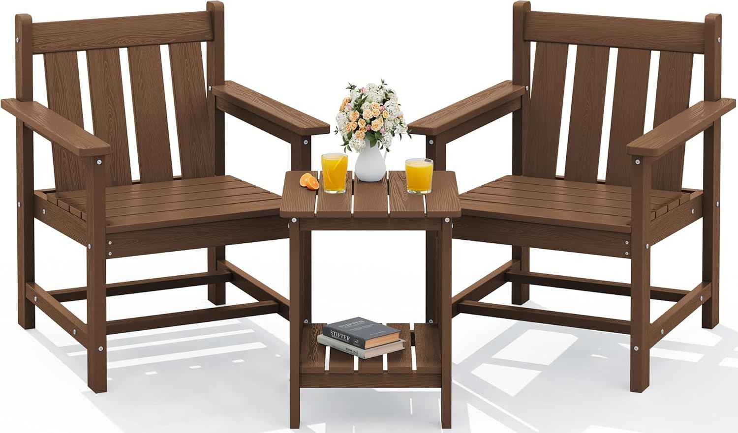 SEWRWALL 3 Pieces Patio Bistro Set, All Weather Adirondack Chair Set with Side Table, HDPE Material Outdoor Patio Furniture Set for Balcony, Porch, Garden, Backyard- Brown