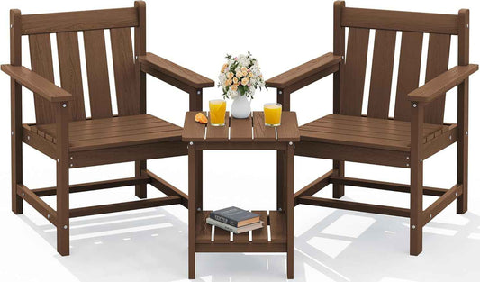 SEWRWALL 3 Pieces Patio Bistro Set, All Weather Adirondack Chair Set with Side Table, HDPE Material Outdoor Patio Furniture Set for Balcony, Porch, Garden, Backyard- Brown