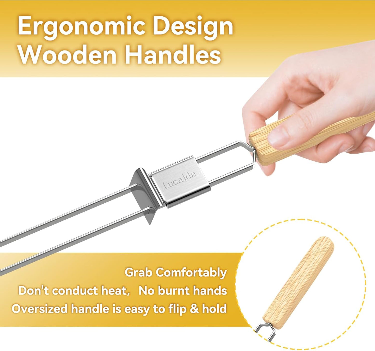 Skewers for Grilling, 17" (6 Pcs) Wooden Handle Double Pronged Stainless Steel Flat Kabob Skewers with Push Bar, Reusable Long Metal Skewer Sticks for Meat Chicken Vegetable, BBQ Accessories