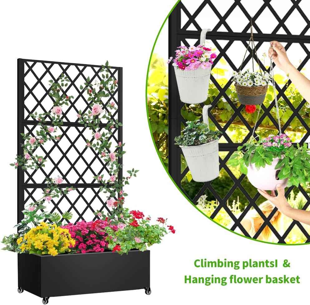 Metal Planter Box with Privacy Screen Trellis,Galvanized Raised Garden Bed On Wheels for Climbing Plants Vines, Standing Garden Flower Bed with Drainage Holes (Black, 35" L x16 W x 73" H)