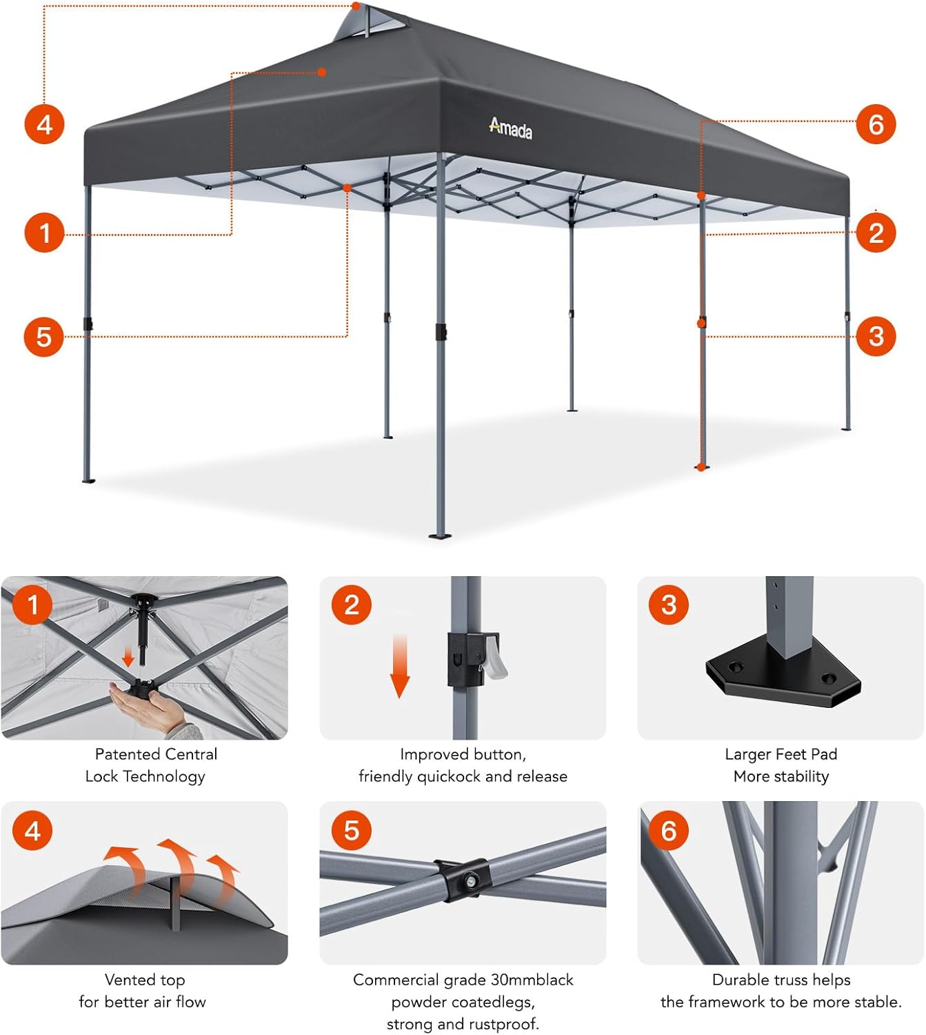 Amada 20x10 Pop Up Canopy Tent - Center Lock One Push Commercial Instant Canopies with 3-Height Adjustable & Wheeled Bag, 12 Stakes 6 Sandbags 6 Ropes, Great for Trade Shows, Events (20x10ft, Grey)
